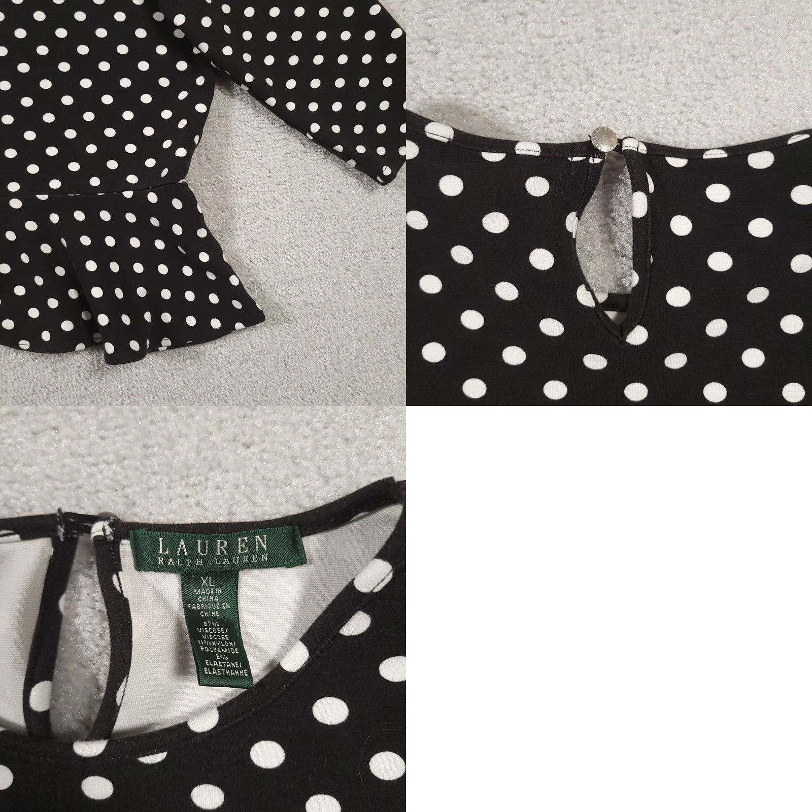 Ralph Lauren Lauren Ralph Lauren Shirt Women's XL Black Polka Dot Crew Neck Stretch Regular Fit, 3/4 Sleeve, Blouse Size XL / US 12-14 / IT 48-50 - 8 Thumbnail