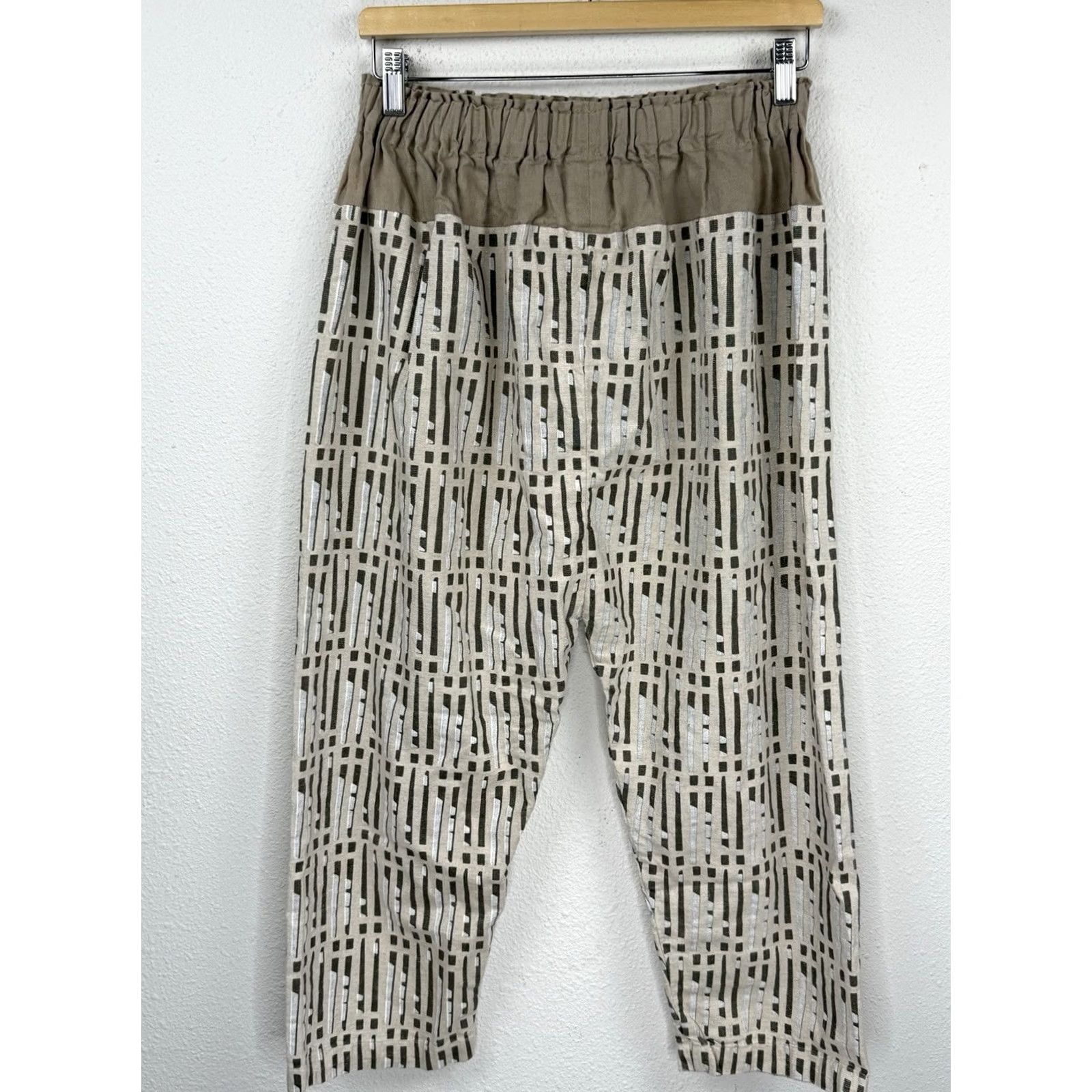Vintage Miranda Bennett Pants Womens Small Pull On Elastic Waistband Linen Cropped Beig e Geometric Casual Travel Medium? Size 28" / US 6 / IT 42 - 3 Thumbnail