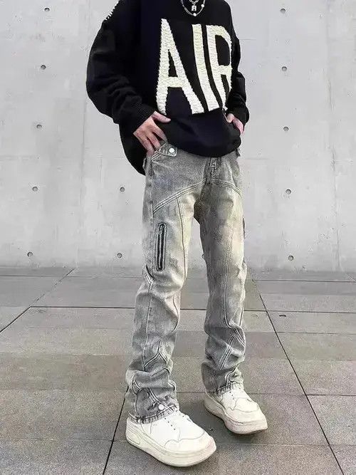 Japanese Brand Retro distressed yellow mud-dyed straight-leg zipper jeans Size US 32 / EU 48 - 1 Thumbnail