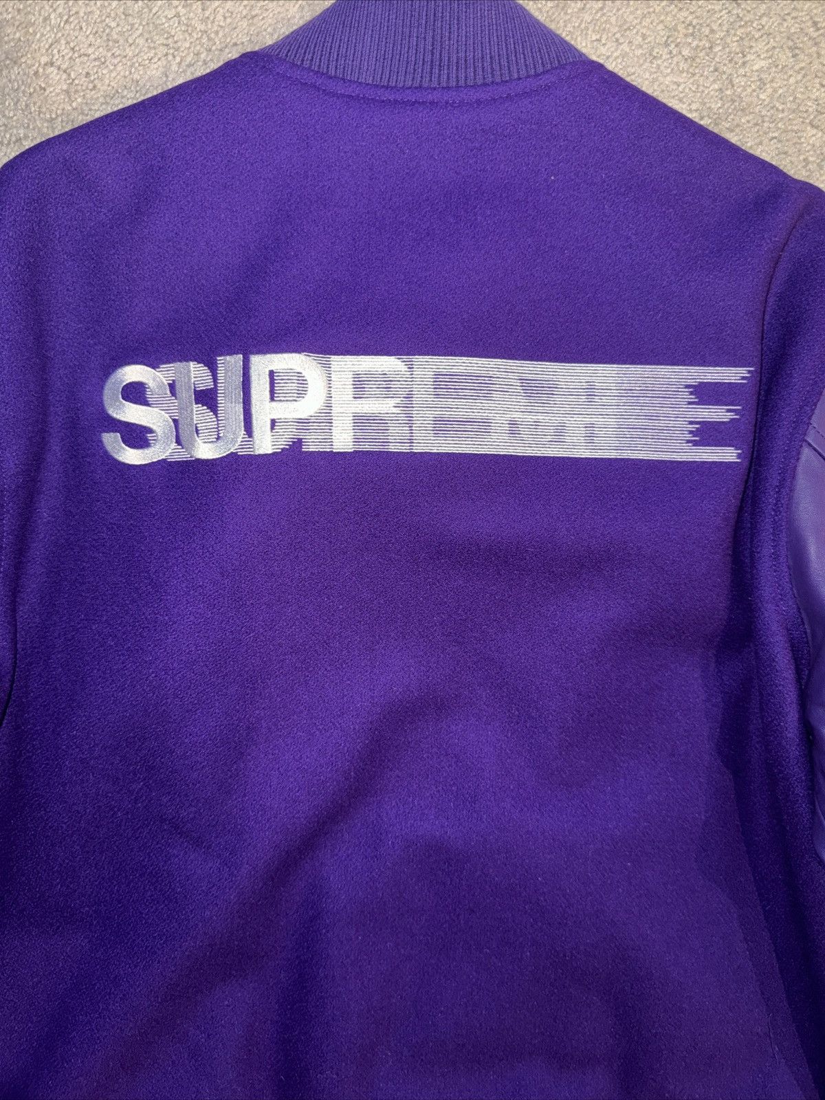 Supreme Supreme Varsity Jacket Motion Logo Purple L FW18 | Grailed