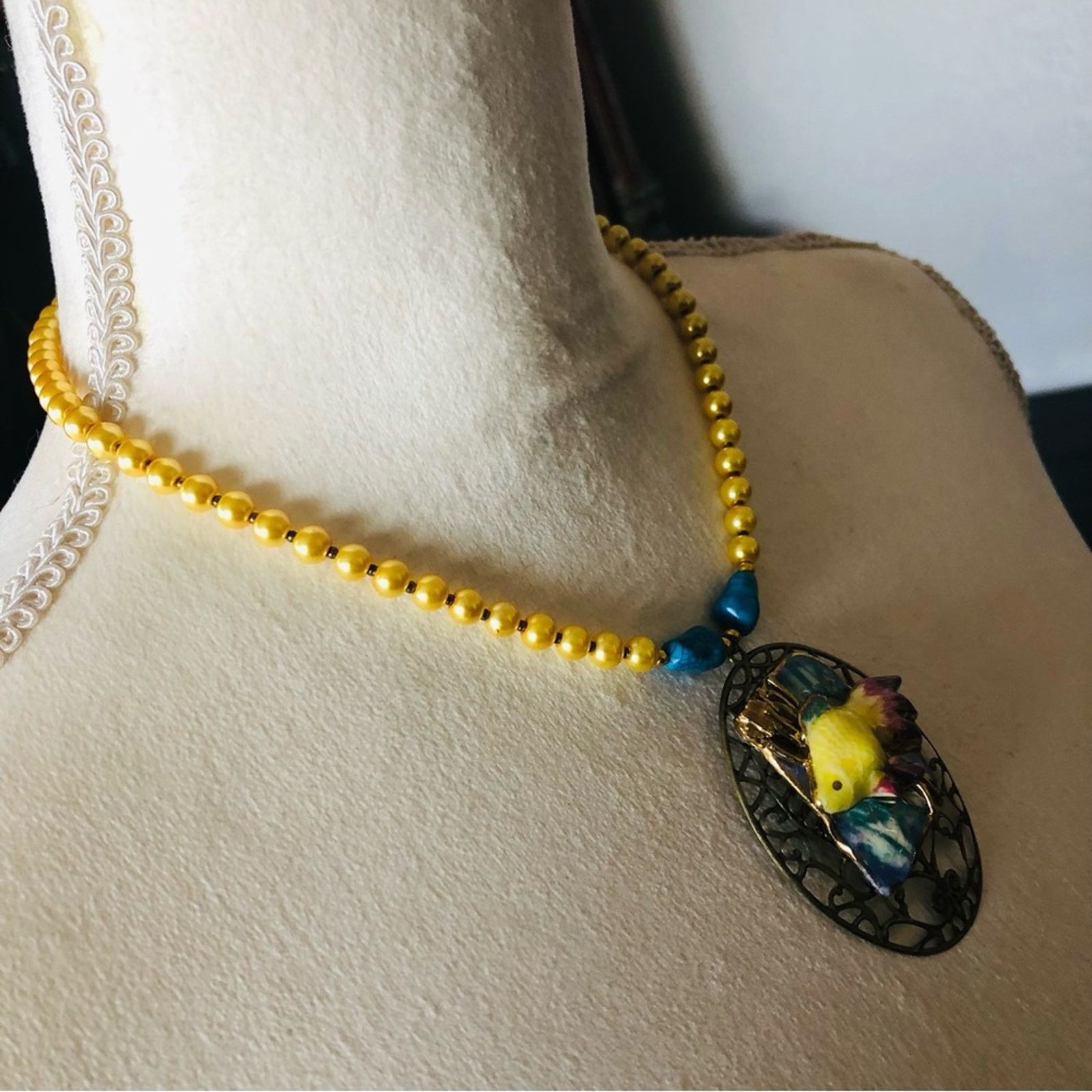 Handmade Handcrafted repurpose ceramic fish filigree Pearl necklace Size ONE SIZE - 4 Thumbnail