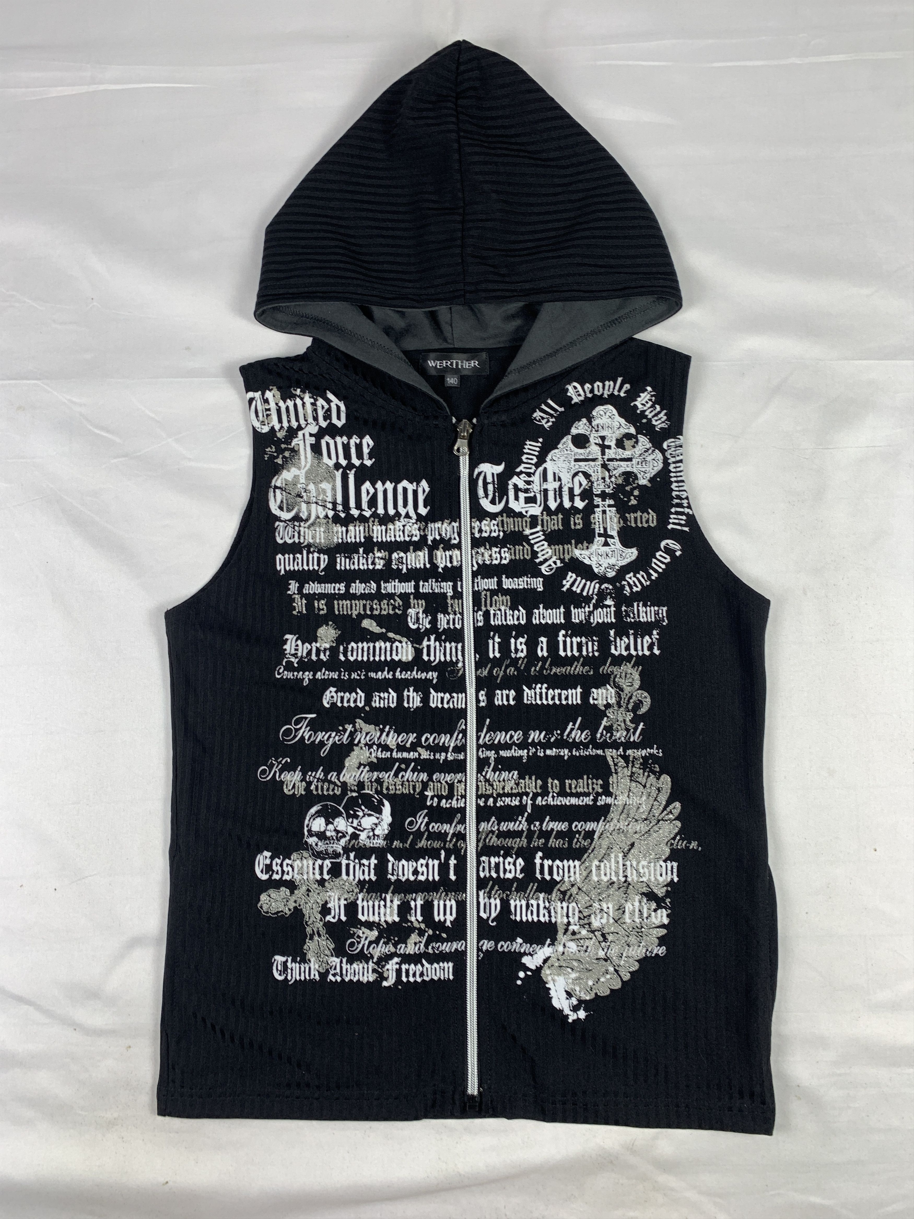 Japanese Brand 2000s Werther Black Cross Poem Skull Hooded Vest (M) Size M / US 6-8 / IT 42-44 - 1 Thumbnail