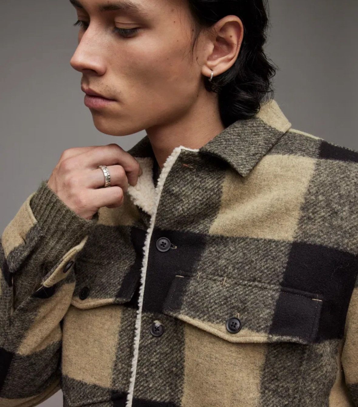 Allsaints Drexel Sherpa lined flannel plaid Chekered jacket