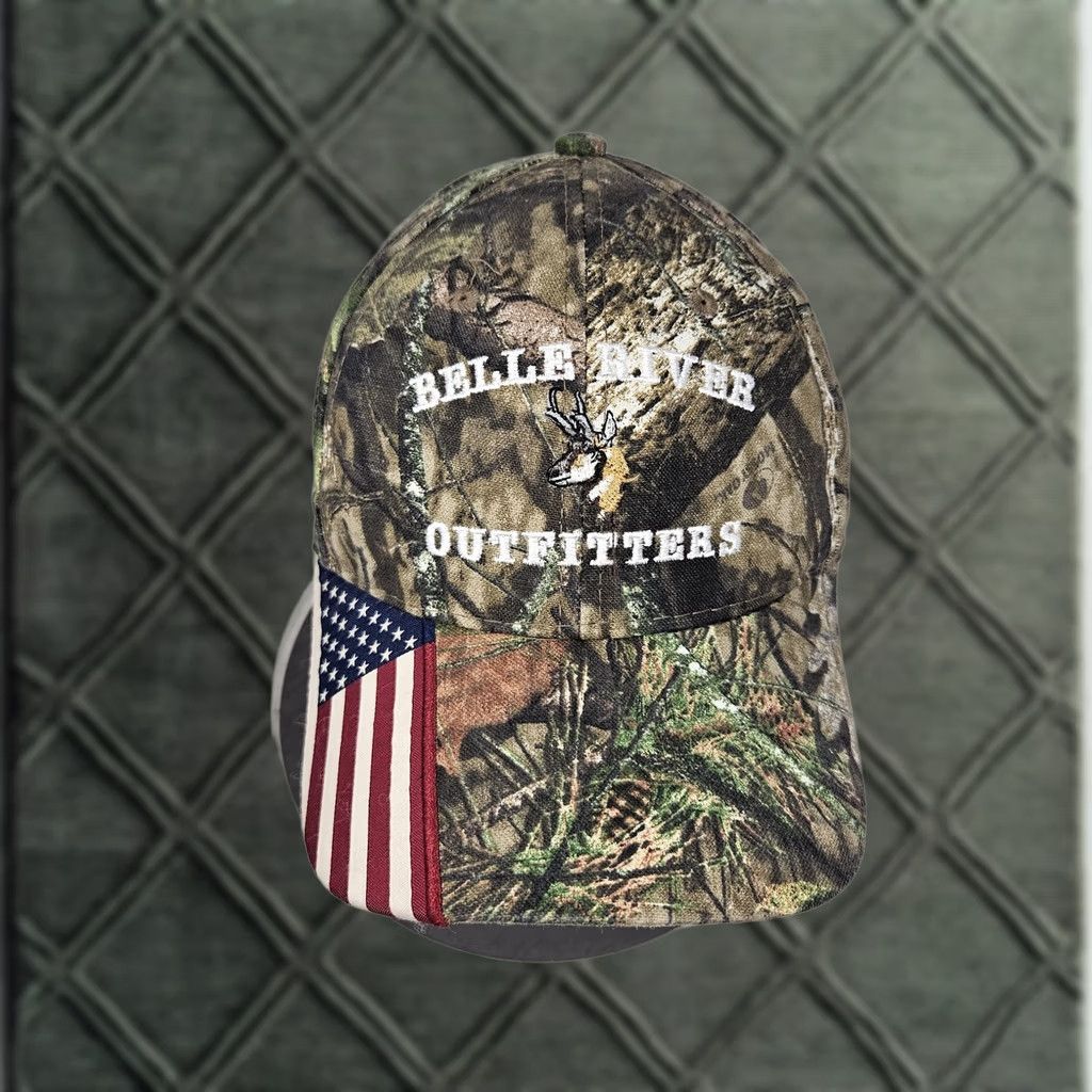 Vintage Outdoor Cap Hat Mens Camouflage Green Cotton Polyester Adjustable Strap Back USA Embroidered Deer Pattern Hunting Patriotic Canvas Cap Size ONE SIZE - 1 Thumbnail
