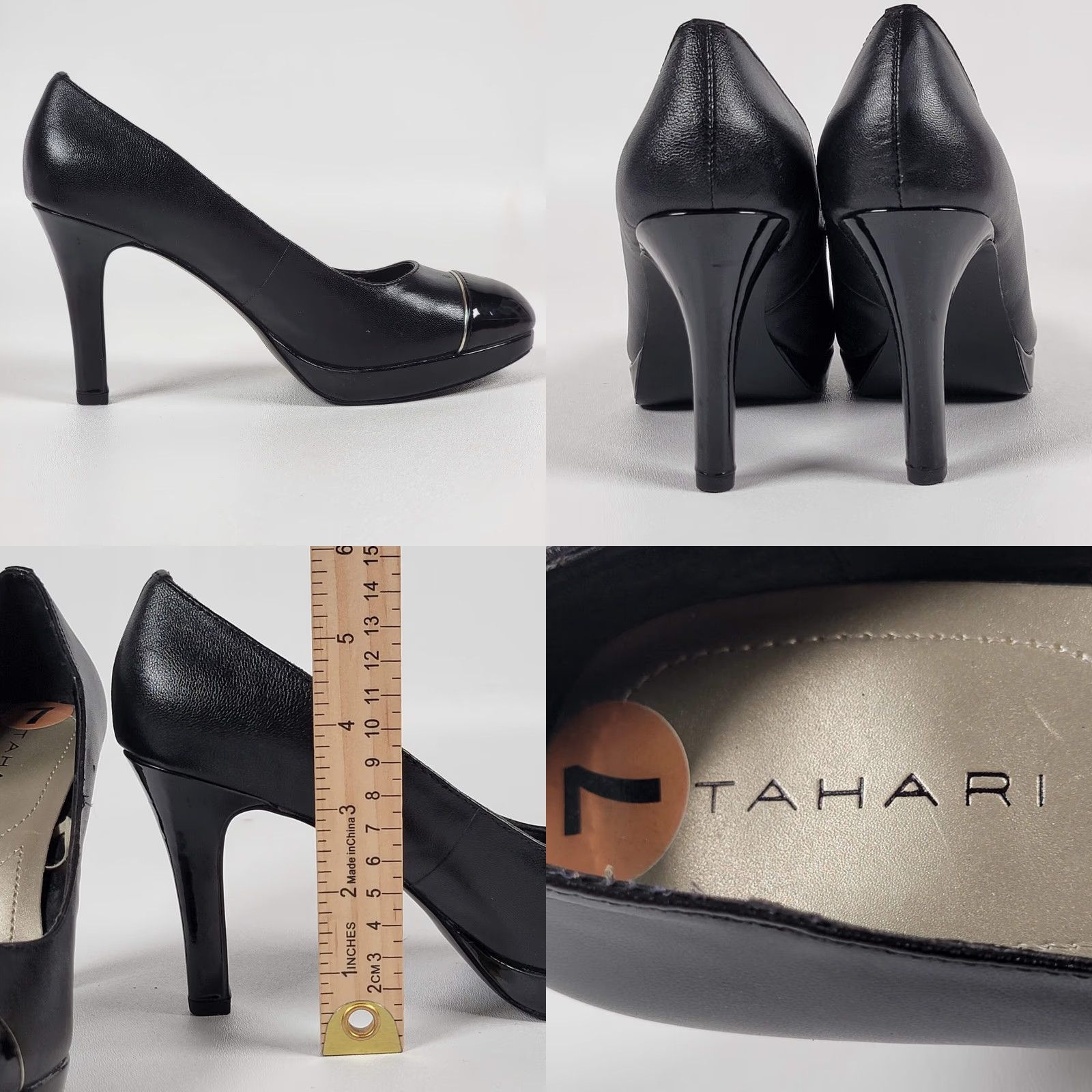 Vintage Tahari Laurie Womens Size 7 Black Leather Cap Toe 4" Heels Pumps Dress Shoes Leather Patent Leather Cap Toe Stiletto Womens Shoes Size M / US 6-8 / IT 42-44 - 8 Thumbnail