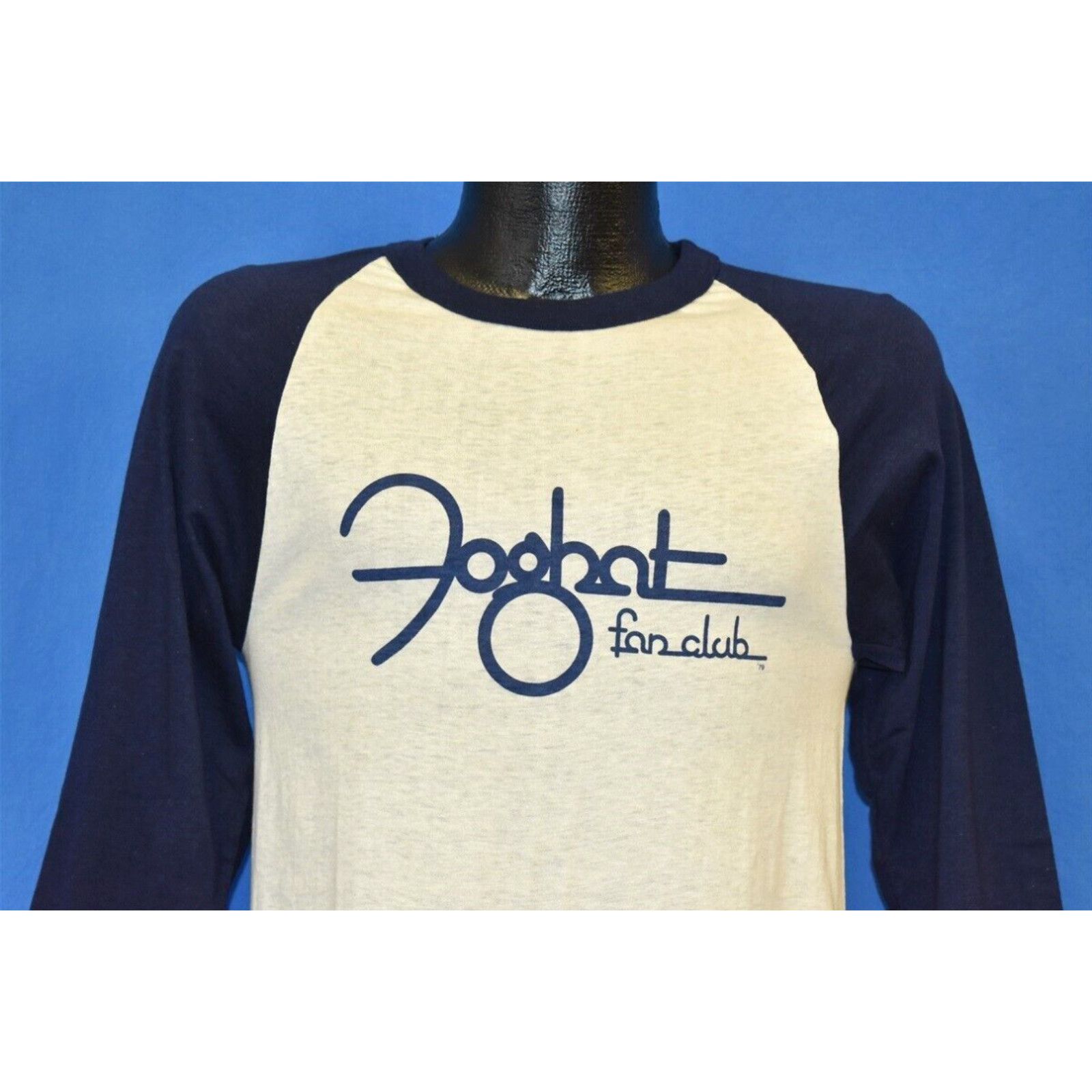 Vintage vintage 70s FOGHAT FAN CLUB ROCK BAND WHITE BLUE RAGLAN JERSEY ...