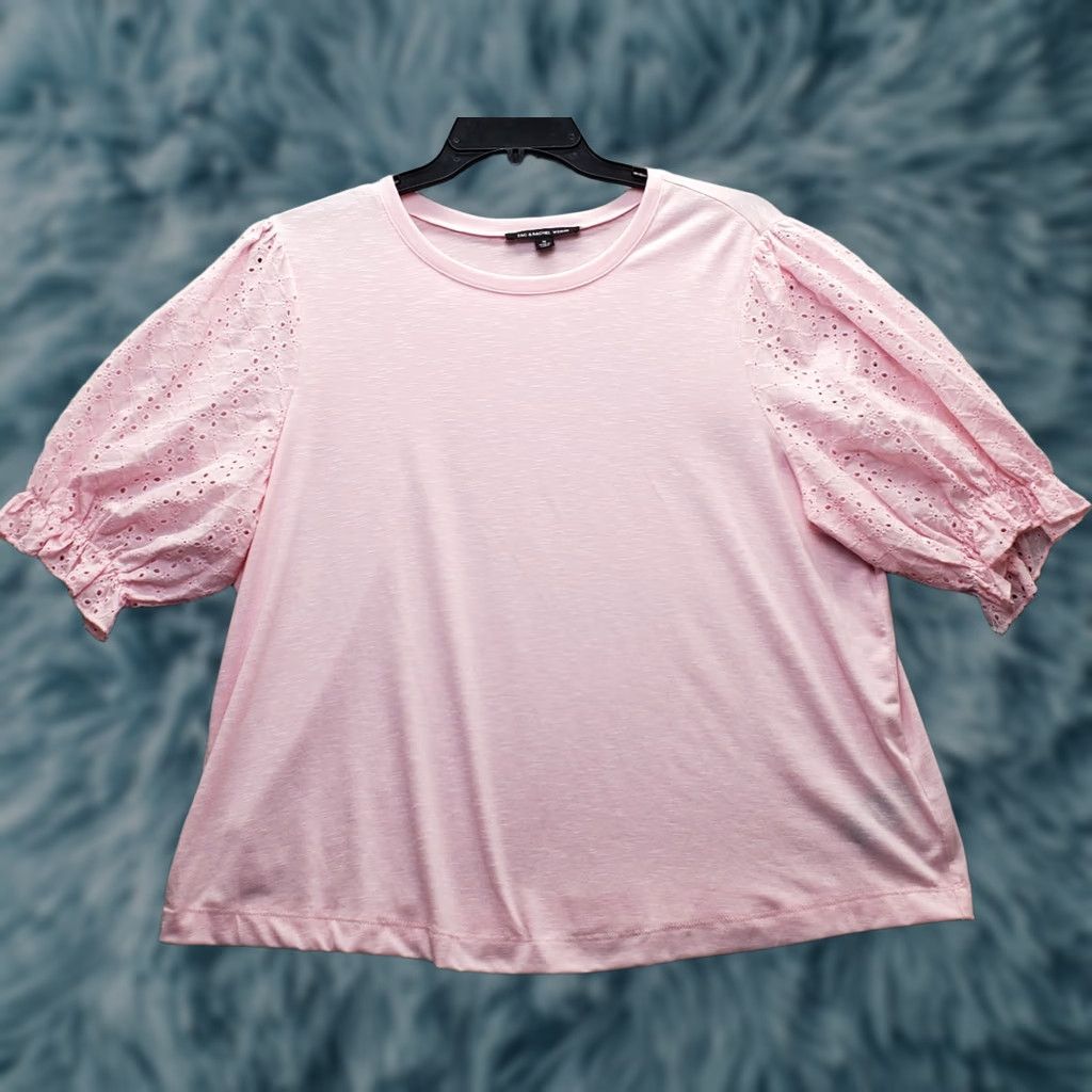 Vintage Zac & Rachel Blouse Womens 1X Pink Eyelet Balloon Sleeve Round Neck Pullover Shirt Size XL / US 12-14 / IT 48-50 - 1 Thumbnail