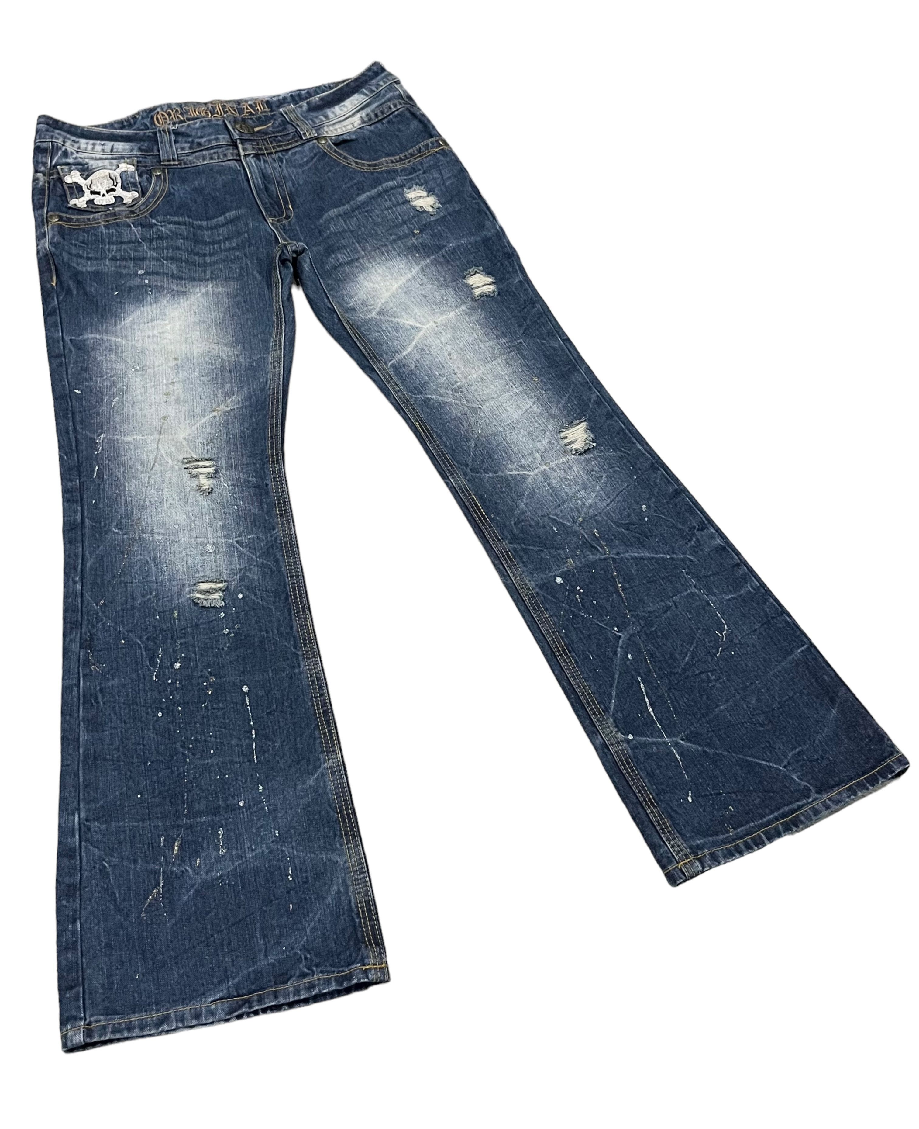 FLARE🔥S&B ORIGINAL JEANS Skull Embroidery Glitter Splash💥