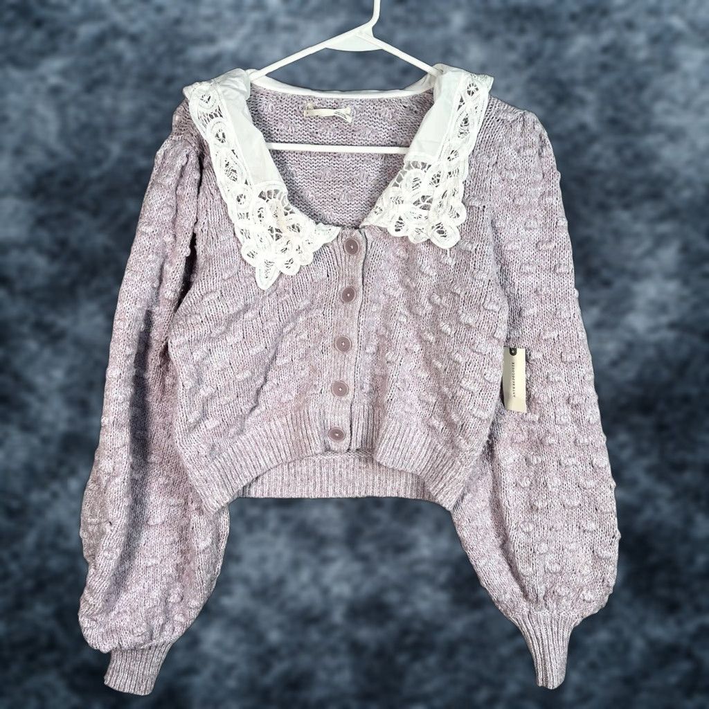 Anthropologie ANTHROPOLOGIE Balloon Sleeve Collared Cardigan Sweater Womens Large Purple Size L / US 10 / IT 46 - 1 Thumbnail