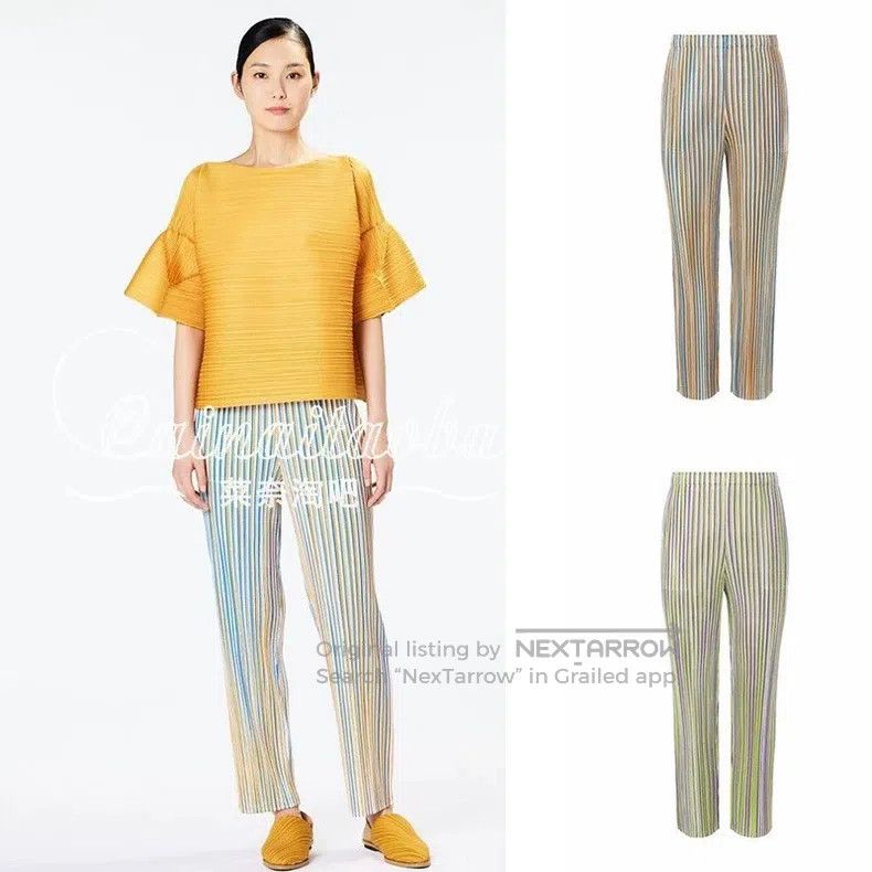Issey Miyake Issey Miyake Light Green Striped Straight-leg Pants Size 26" / US 2 / IT 38 - 2 Thumbnail