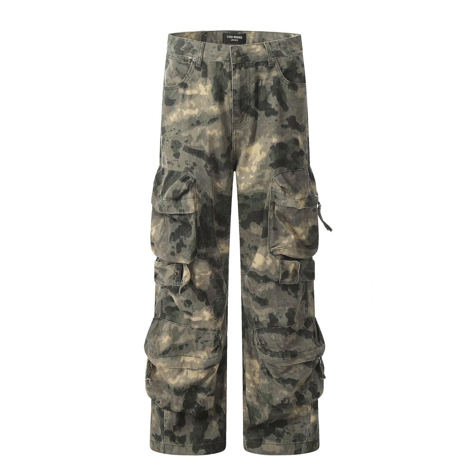 Japanese Brand Green Camouflage Cargo Pants, Baggy Wide Leg Trousers Size US 32 / EU 48 - 1 Thumbnail