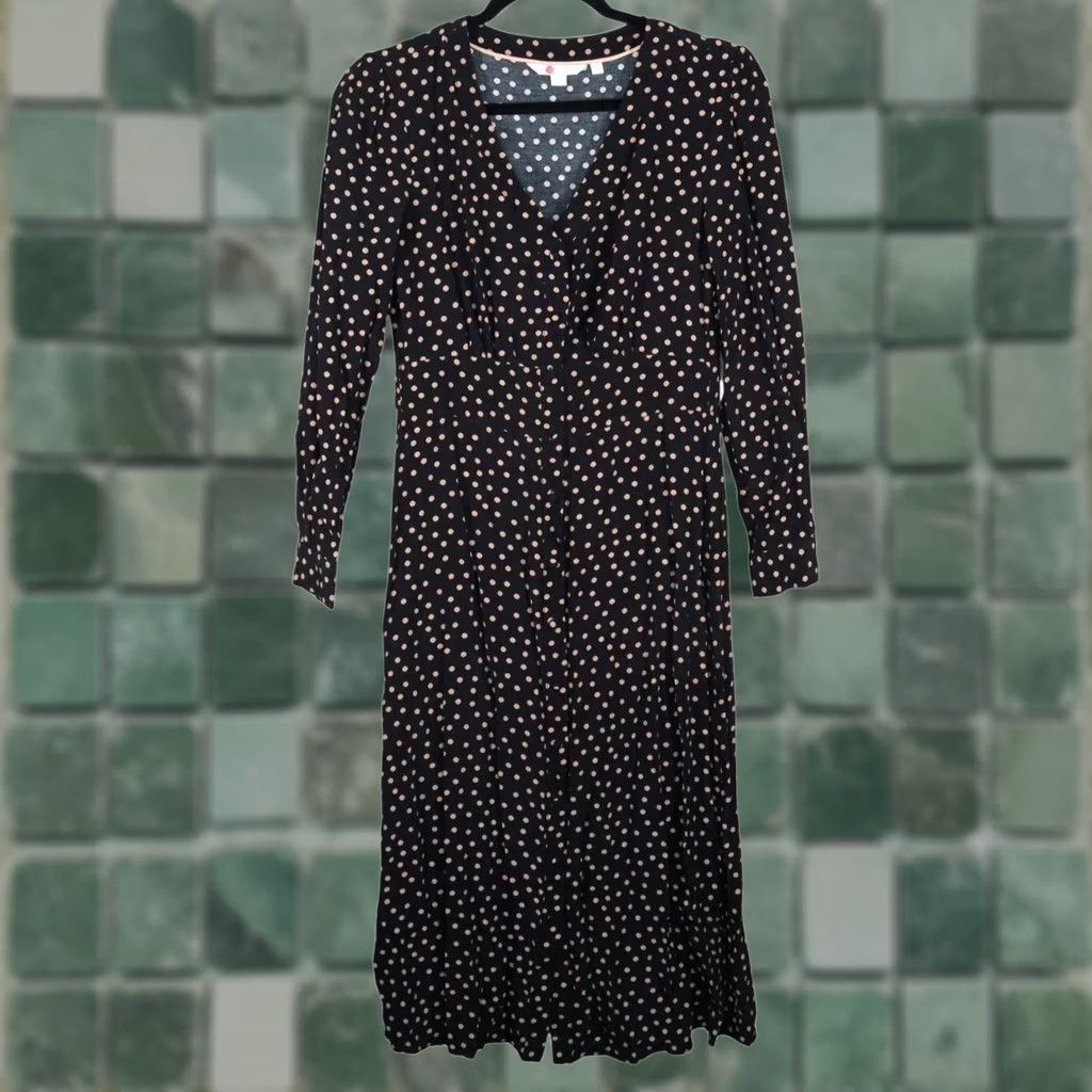 Boden Boden Midi Dress Womens Size 4 Black Beige Polka Dot Elsie Button Front Size S / US 4 / IT 40 - 1 Thumbnail