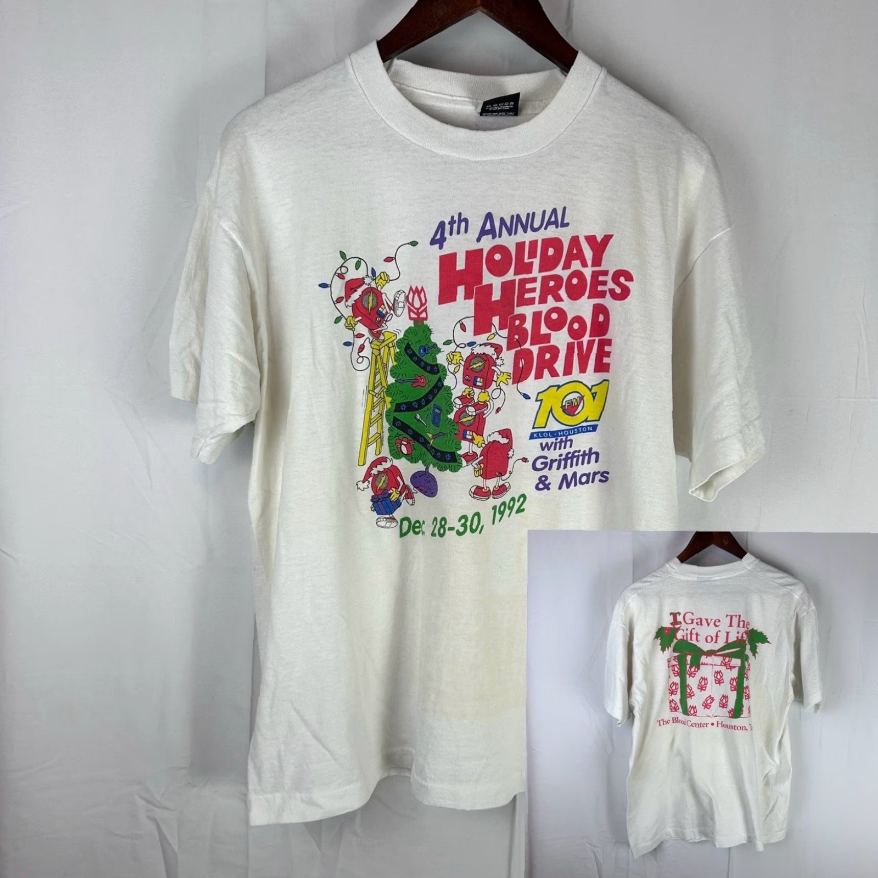 Vintage VINTAGE 90s Shirt Houston 101 KLOL Holiday Hero Blood Drive Single Stitch XL White Nike? Size US XL / EU 56 / 4 - 2 Thumbnail