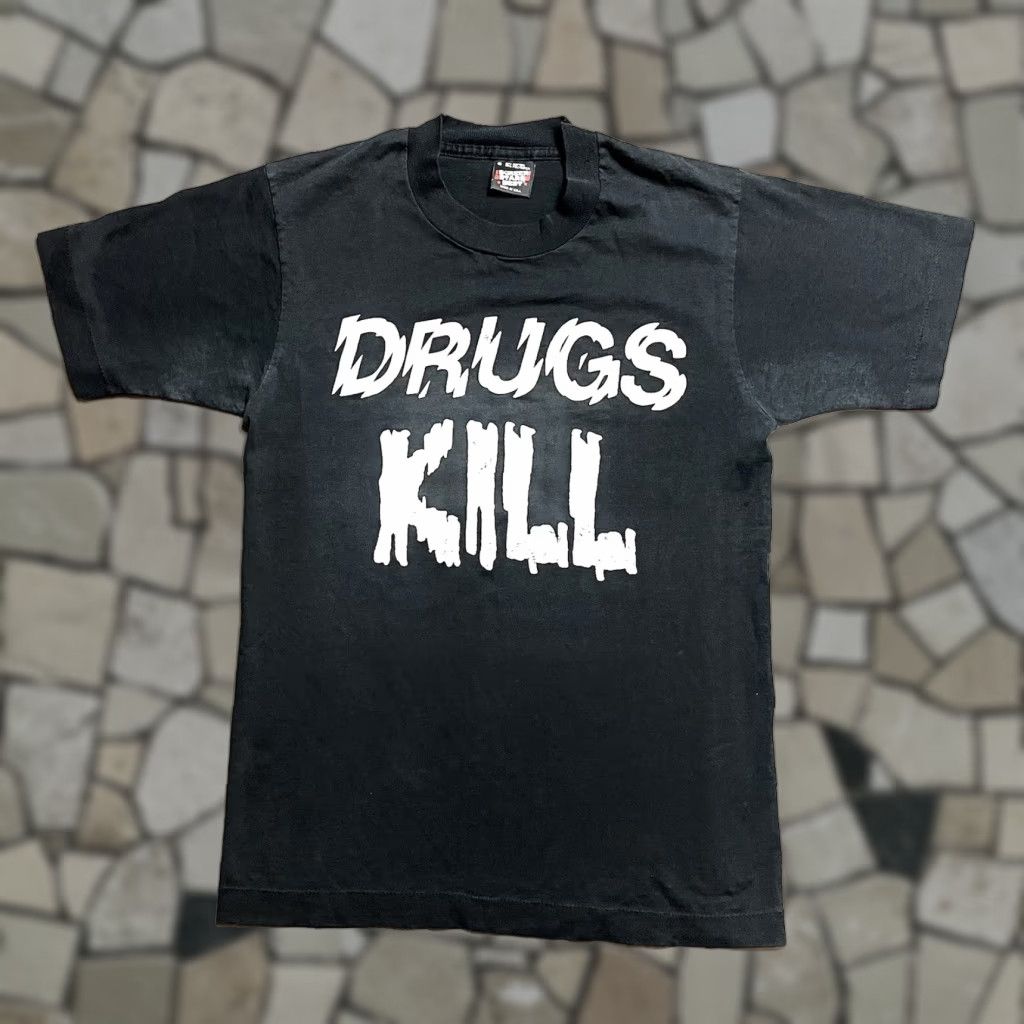 VINTAGE Drugs Kill Drug Awareness Single Stitch T Shirt Screen Stars Best Shirt Adult S Black 90s American Stitch Mens