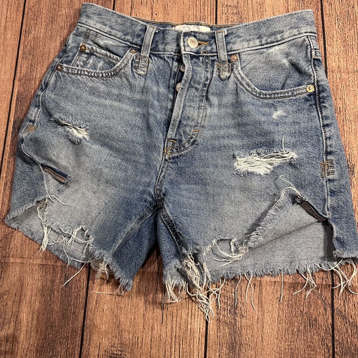Free People Size 23: Free People Distressed Denim Button Fly Shorts Size 23" - 4 Thumbnail