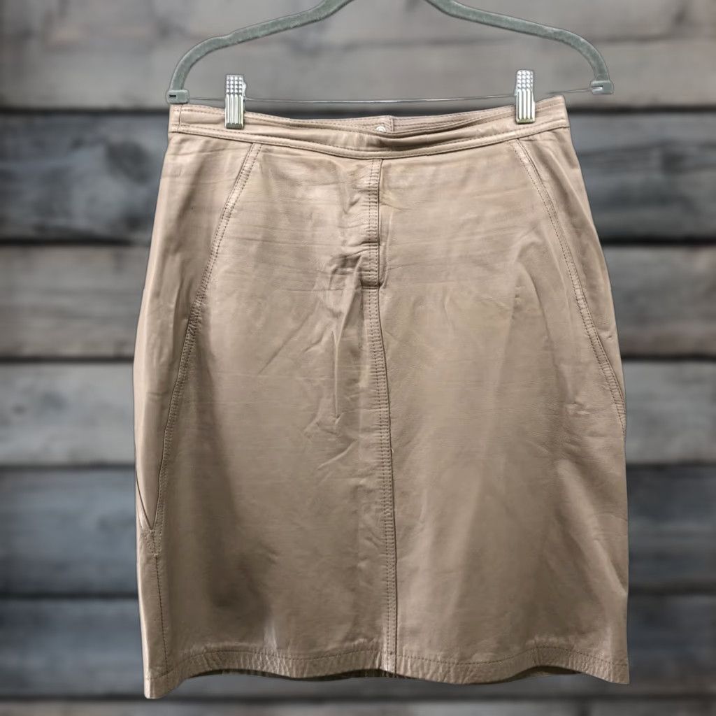 Vintage VINTAGE Tarazzia 100% Leather Pencil Skirt Womens 29 Beige Tan Knee Length High Rise Lined Size 29" - 1 Thumbnail