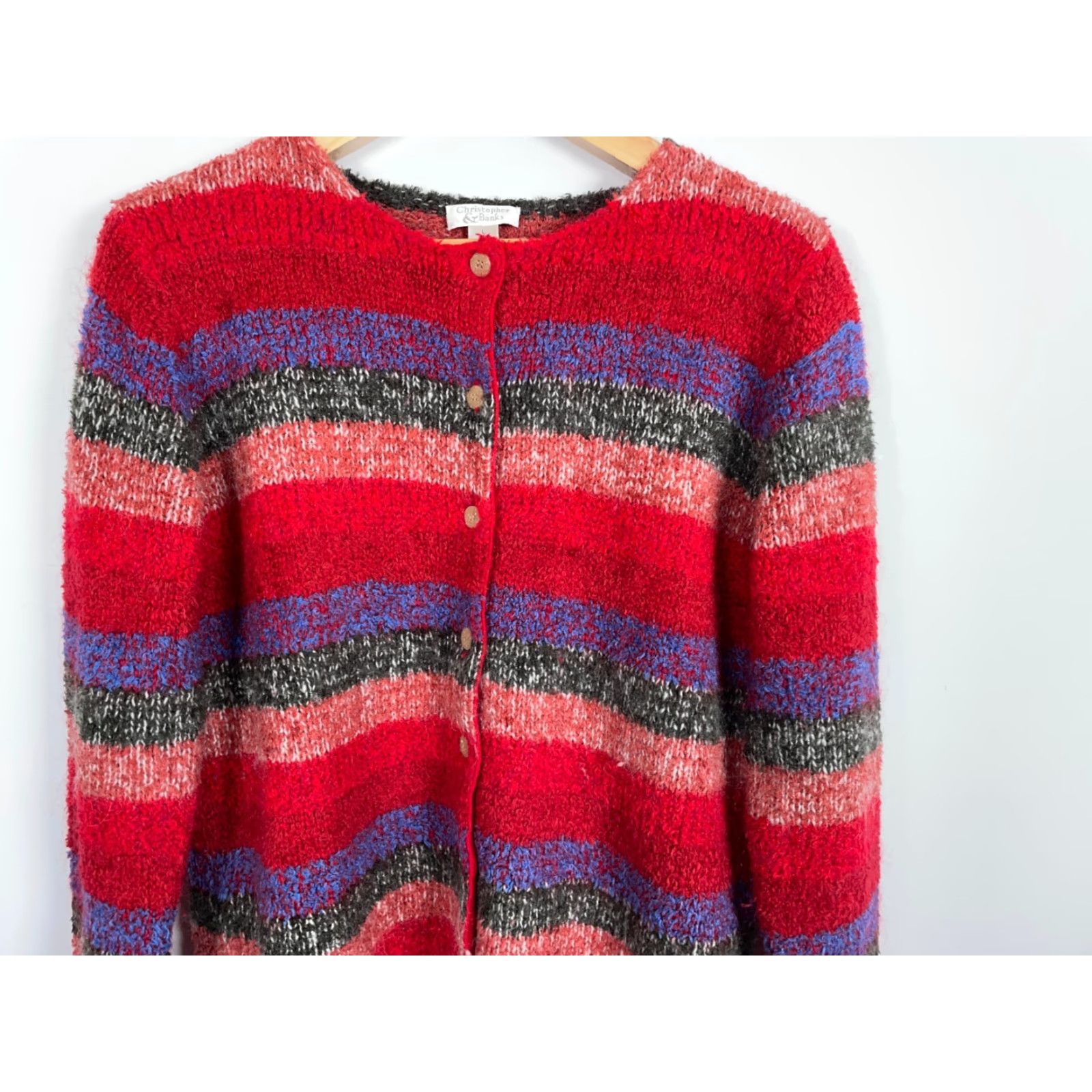 Vintage VINTAGE Christopher & Banks Cardigan Sweater Red Striped Lightweight Mohair Blend Women Large Knit Size L / US 10 / IT 46 - 4 Thumbnail