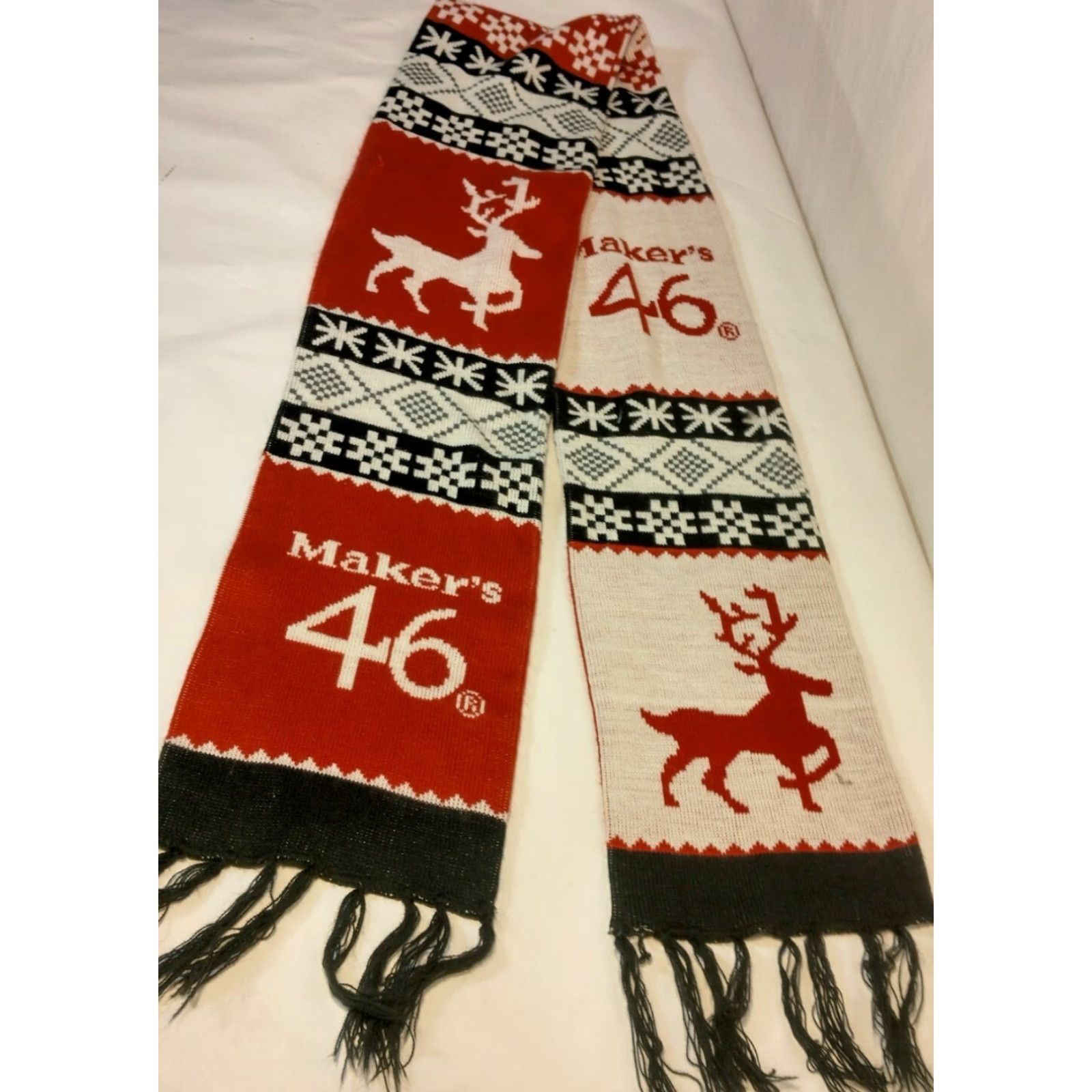 Vintage VINTAGE Maker's Mark No. 46 Knit Scarf Fringe Fair Isle Snowflake Red White Black Winter Womens Size ONE SIZE - 3 Thumbnail