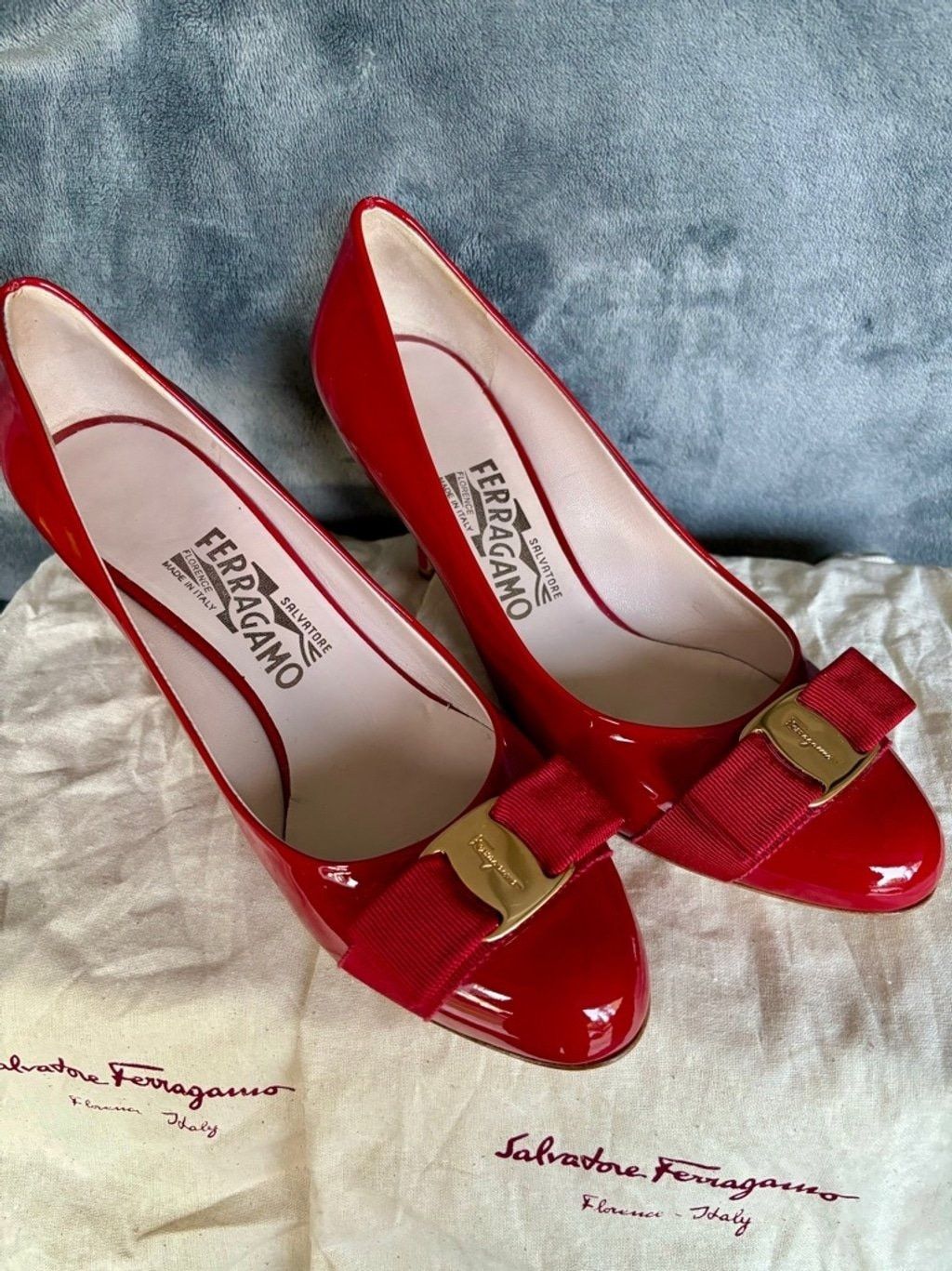 Salvatore Ferragamo Salvatore Ferragamo Patent Leather Red Vara Bow Heels Size US 7 / IT 37 - 6 Thumbnail
