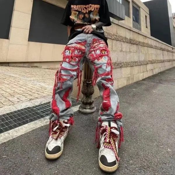 Vintage Distressed Punk Harajuku-Style Straight Leg Denim