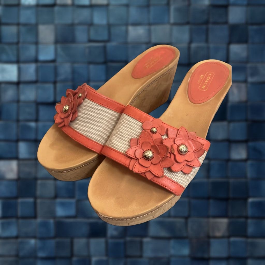 VINTAGE Coach Jesaca Pink Floral Cork Wedge Slip-On Sandals Women’s Size US 9.5 B EU 40 Summer Outdoor
