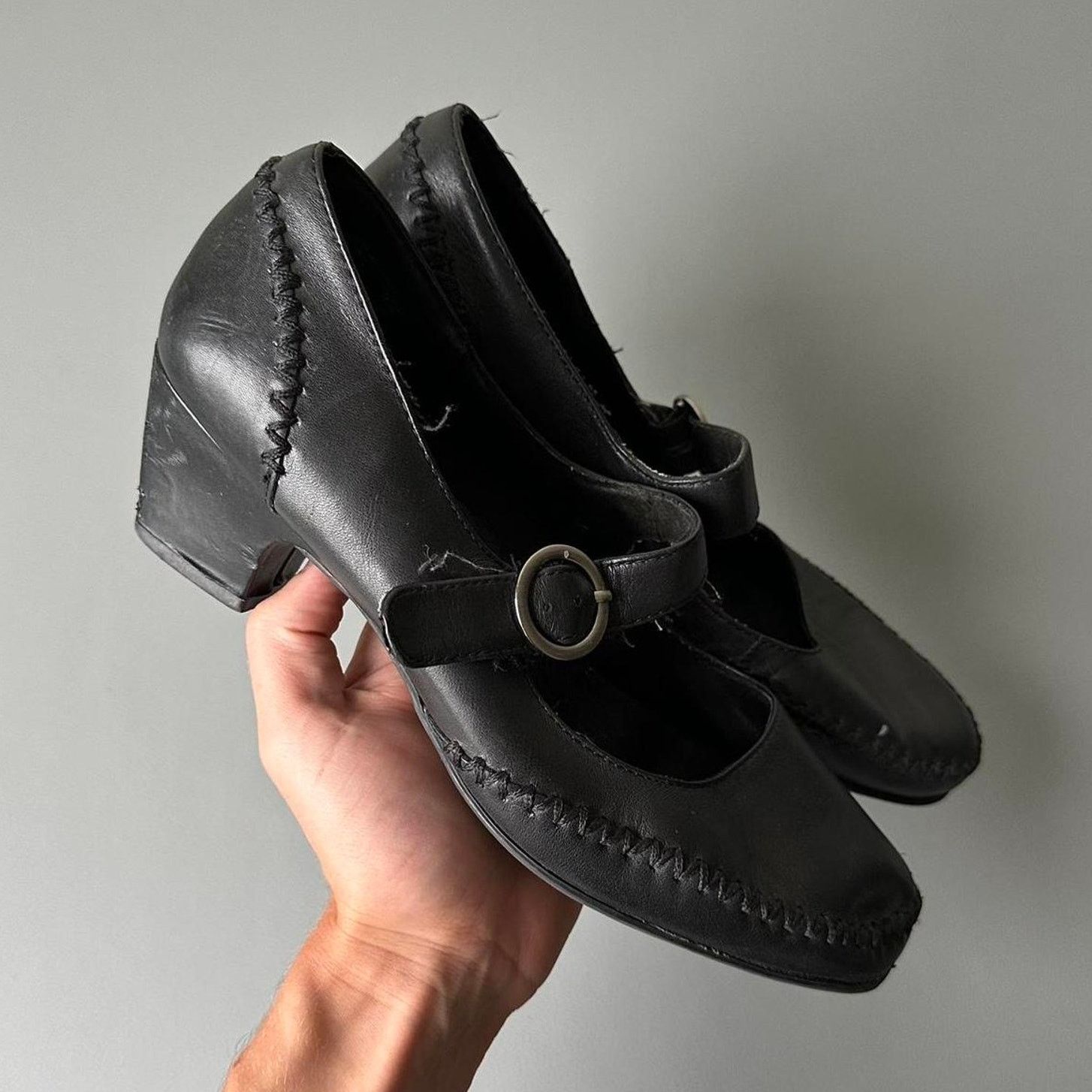 Vintage Y2K Black Leather Woven Slim Mary Jane Strap Heel Shoes, Women's (Size 8)