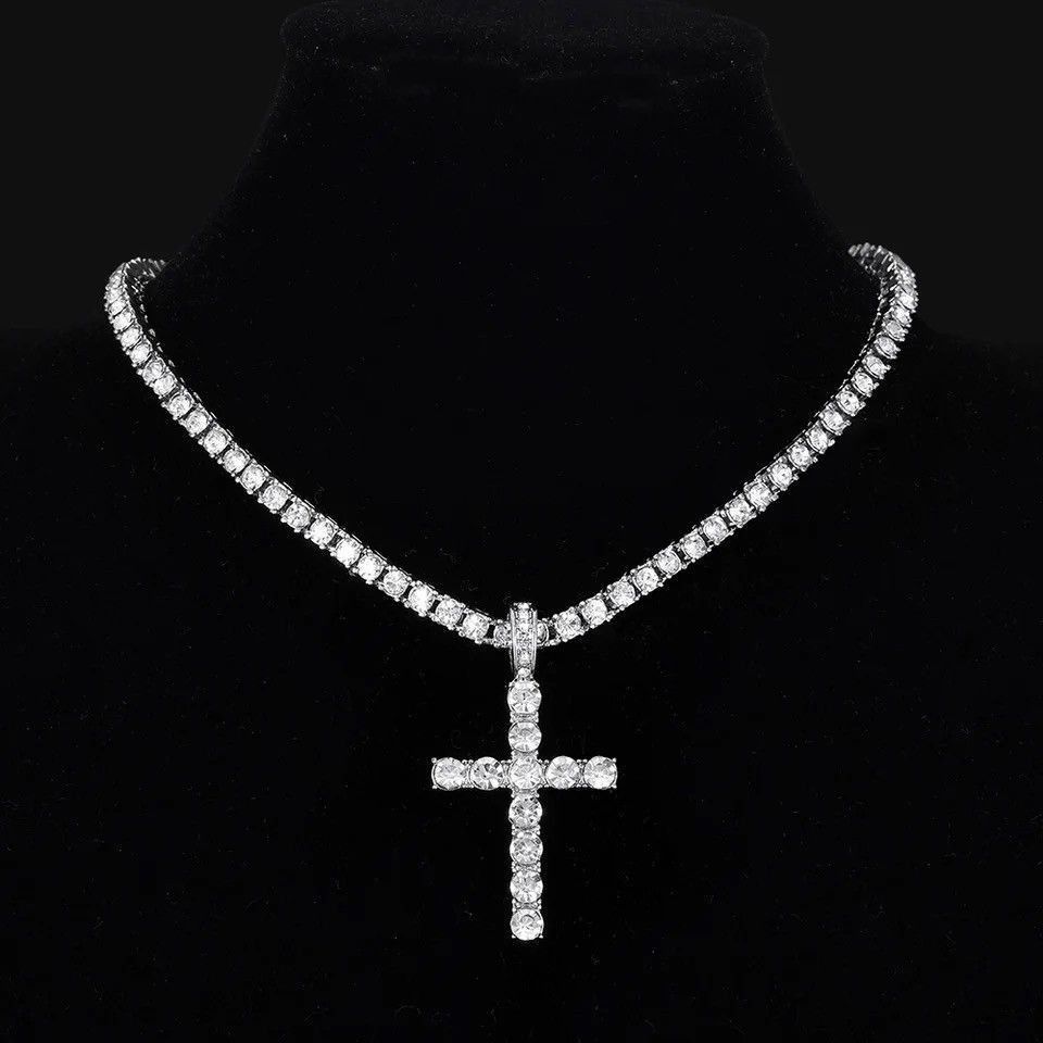 Jewelry Hip Hop Cross Pendant Necklace With 4mm Zircon Tennis Chain Size ONE SIZE - 1 Preview
