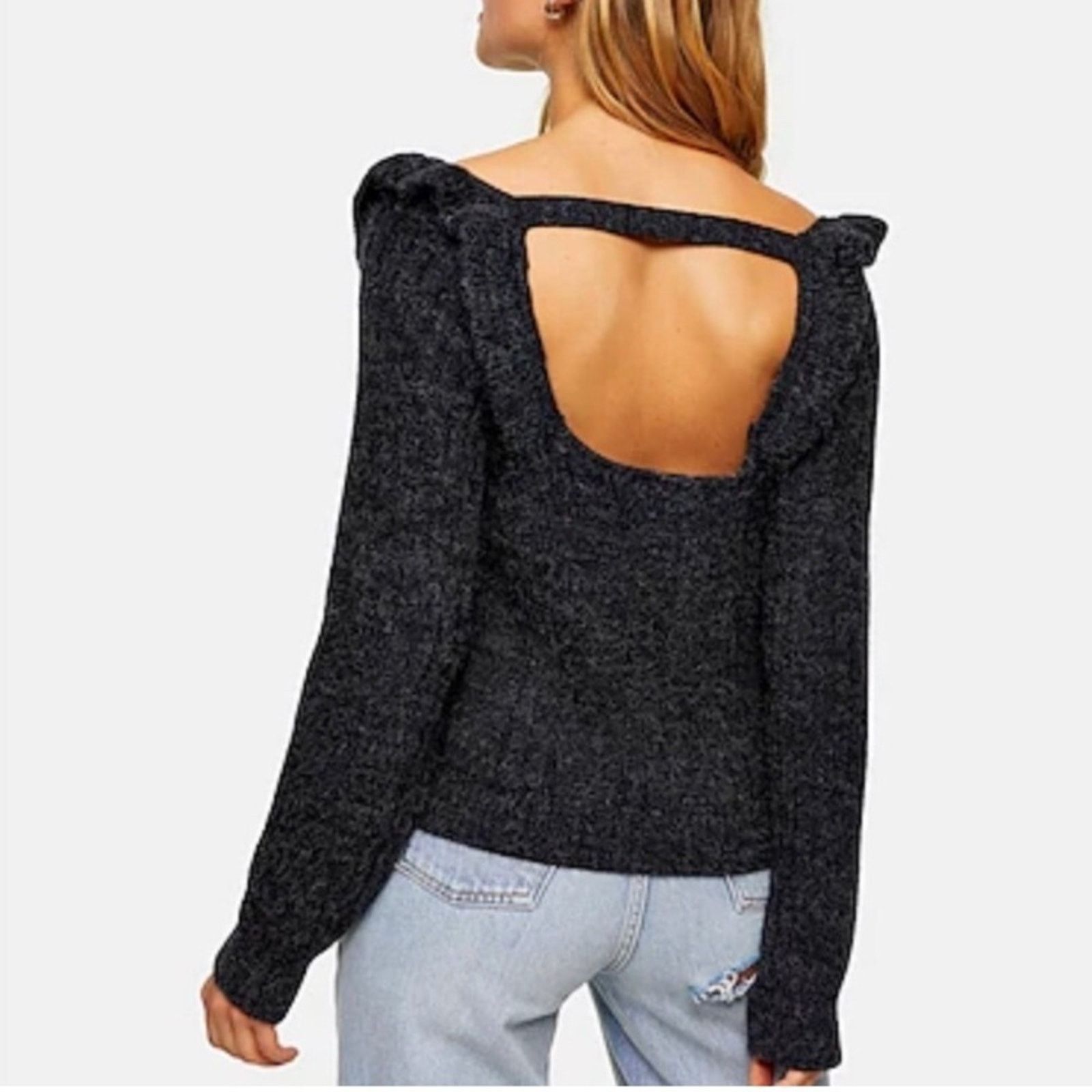 Topshop Topshop Cable Knit Open Back Ruffle Square Neck Gray Sweater Size XL / US 12-14 / IT 48-50 - 2 Thumbnail