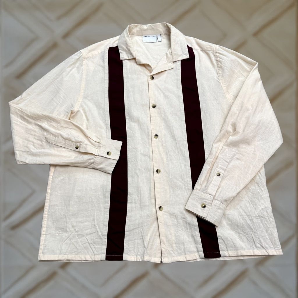 John Varvatos Asos Design Button Down Shirt Mens Medium Cream Burgundy Striped Cotton Casual Size US L / EU 52-54 / 3 - 1 Thumbnail