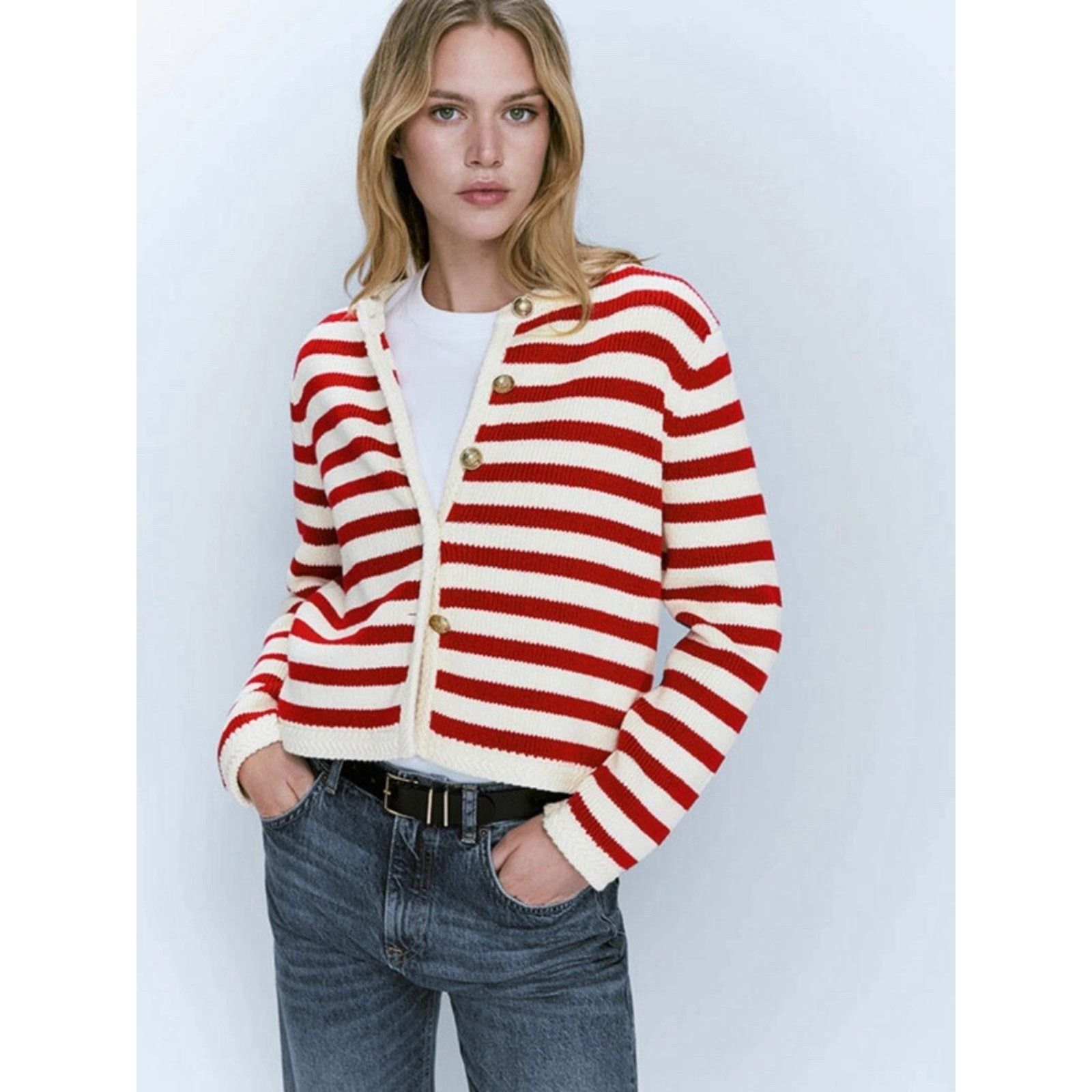 Massimo Dutti MASSIMO DUTTI striped knit cardigan Stripe gold buttons Red Size M / US 6-8 / IT 42-44 - 1 Thumbnail