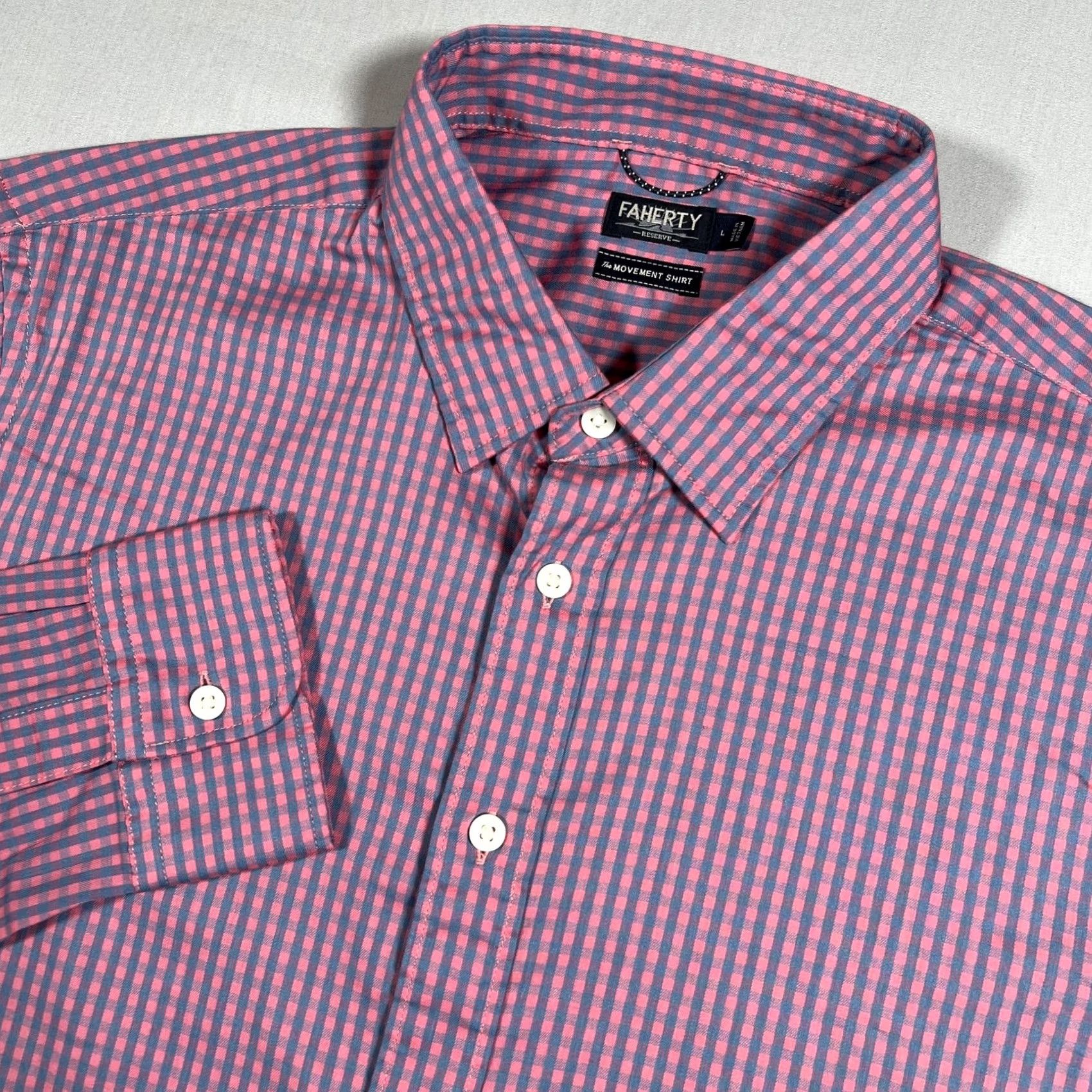 Faherty Faherty Mens L Pink Blue Gingham Check Button Up Long Sleeve Movement Shirt Size US L / EU 52-54 / 3 - 2 Thumbnail