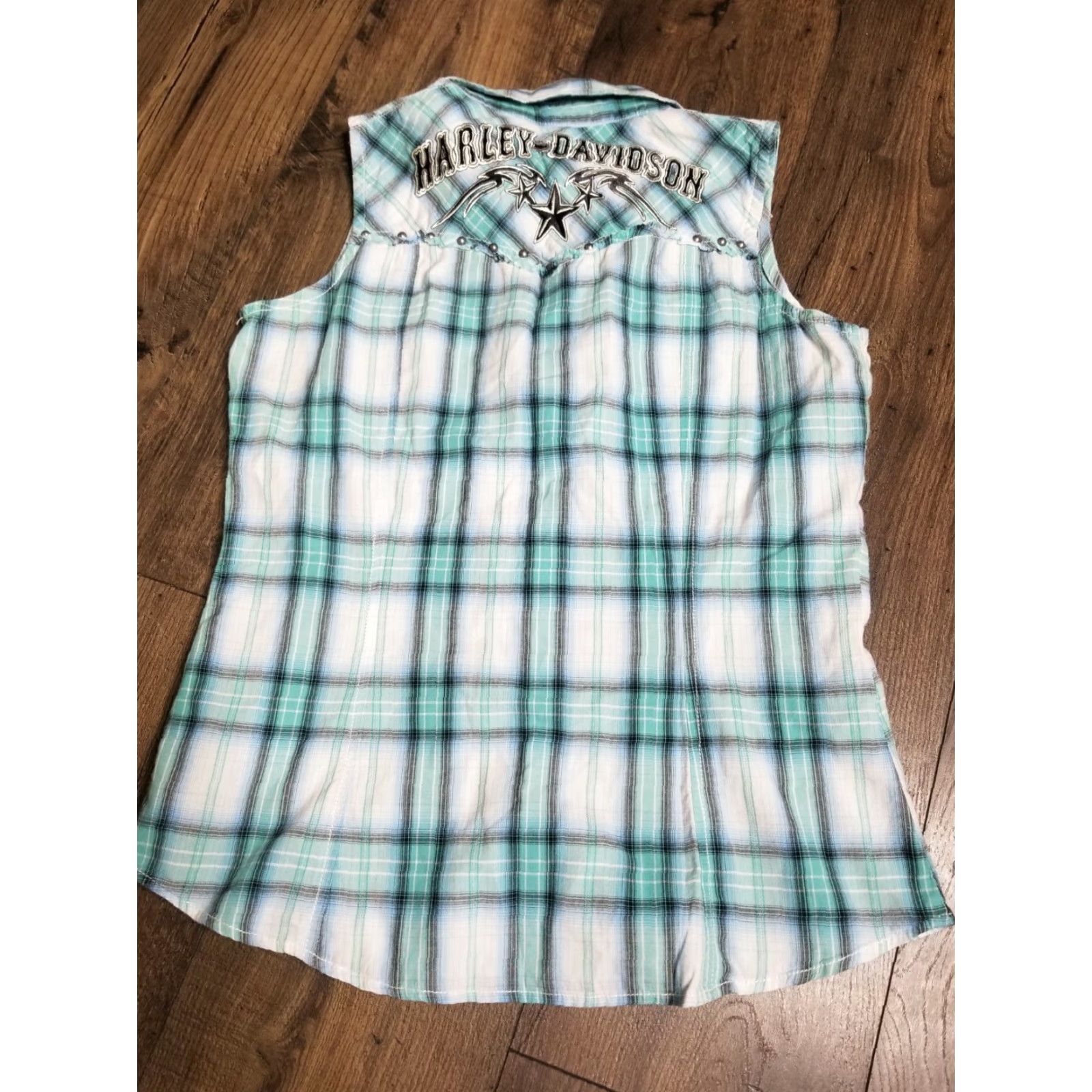 Harley Davidson VINTAGE Harley-Davidson Womens Medium Plaid Sleeveless Button-Up Shirt Collared Logo Cotton Woven 80s Size M / US 6-8 / IT 42-44 - 2 Thumbnail