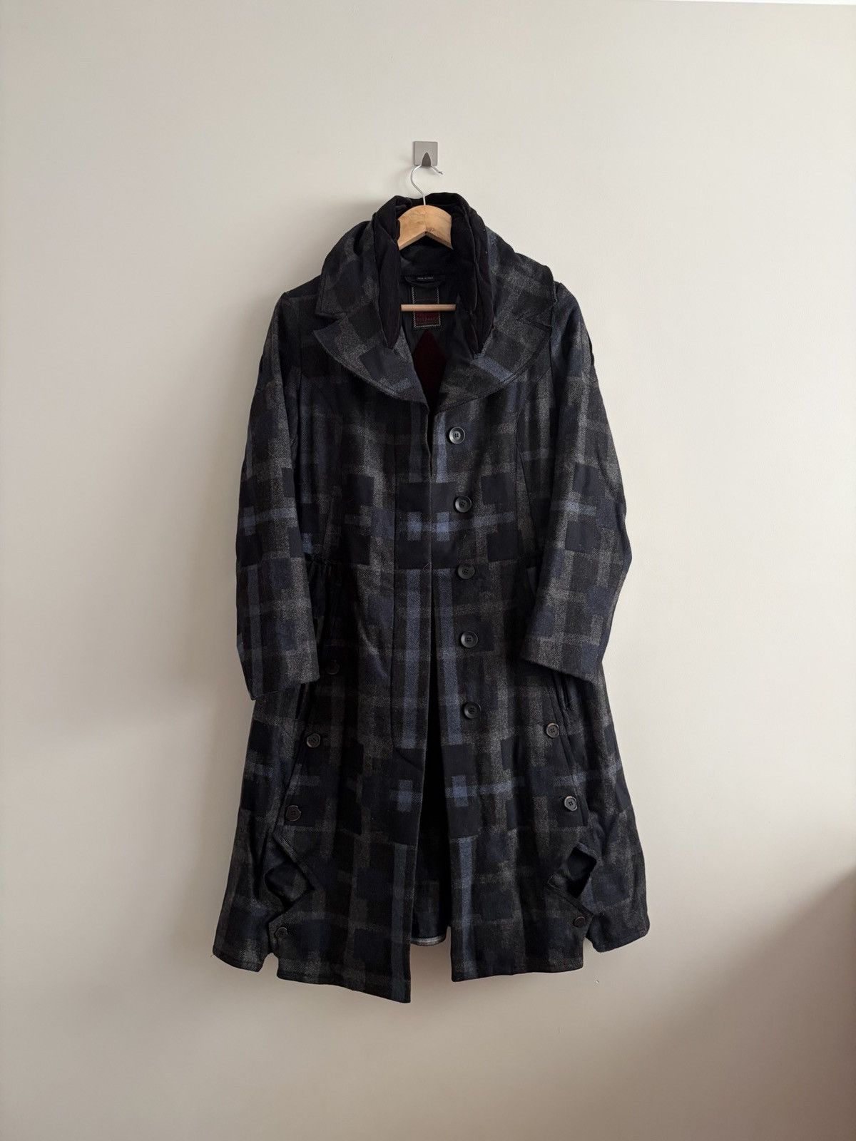 Marithe + Francois Girbaud MFG Avant-Garde Wool Plaid Coat with Velour Panels Size L / US 10 / IT 46 - 1 Thumbnail