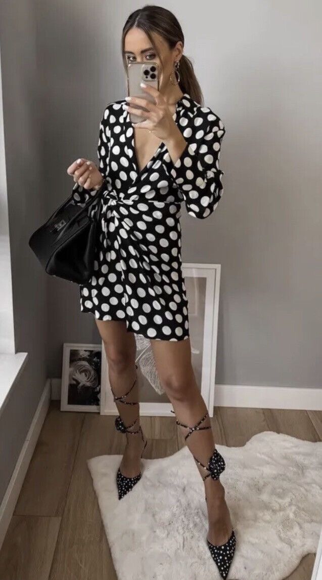 Other × Zara Zara Mini Polka Dot Pareo Wrap V-Neck Dress Black/White Size L / US 10 / IT 46 - 2 Thumbnail
