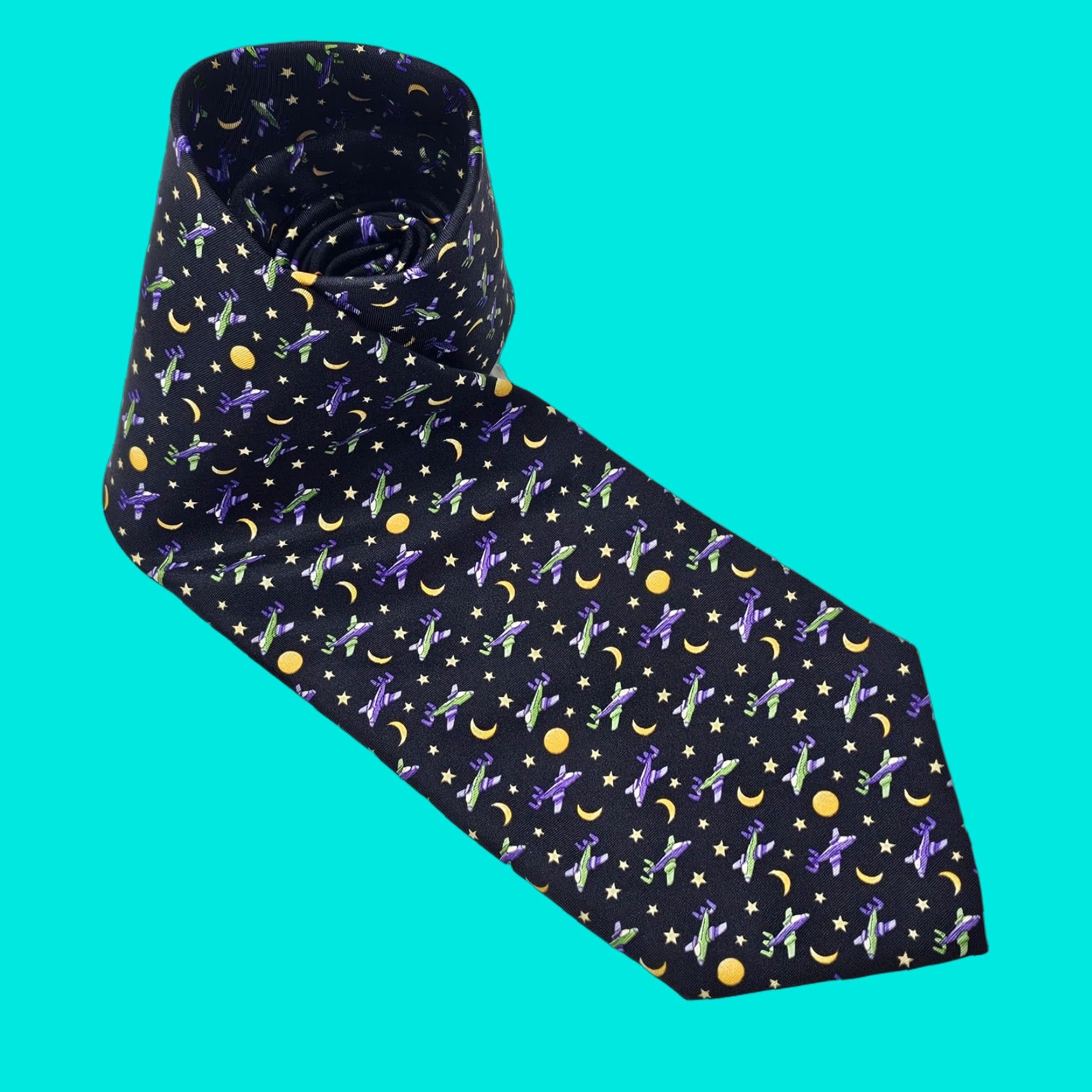 Robert Talbott Robert Talbott Silk Necktie Men's Airplane Black Purple Green Gold Moon Stars 58" X 4" Multicolor Night Sky Abstract Aerospace Designer Tie Mens Size ONE SIZE - 1 Thumbnail