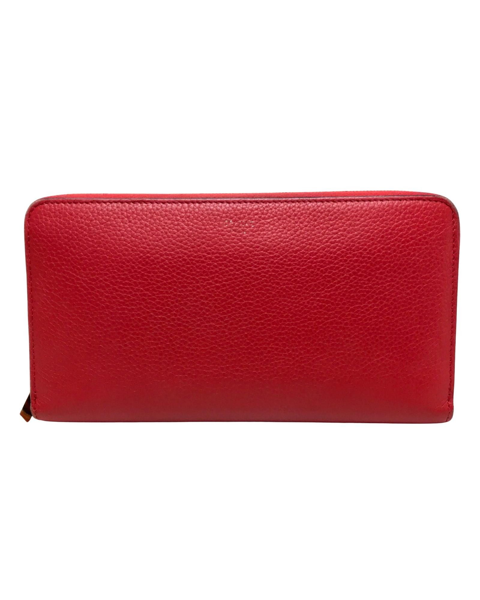 image of Compact Red Leather Coin Purse/coin Case With Open Closure By Celine, Women's