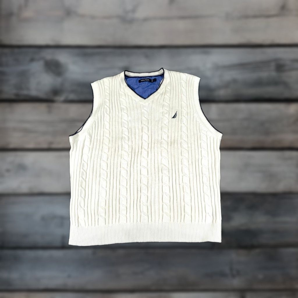Nautica VINTAGE Nautica Men’s Sweater Vest Cable Knit V-Neck Adult Large White Preppy Retro Classic Size US L / EU 52-54 / 3 - 1 Thumbnail
