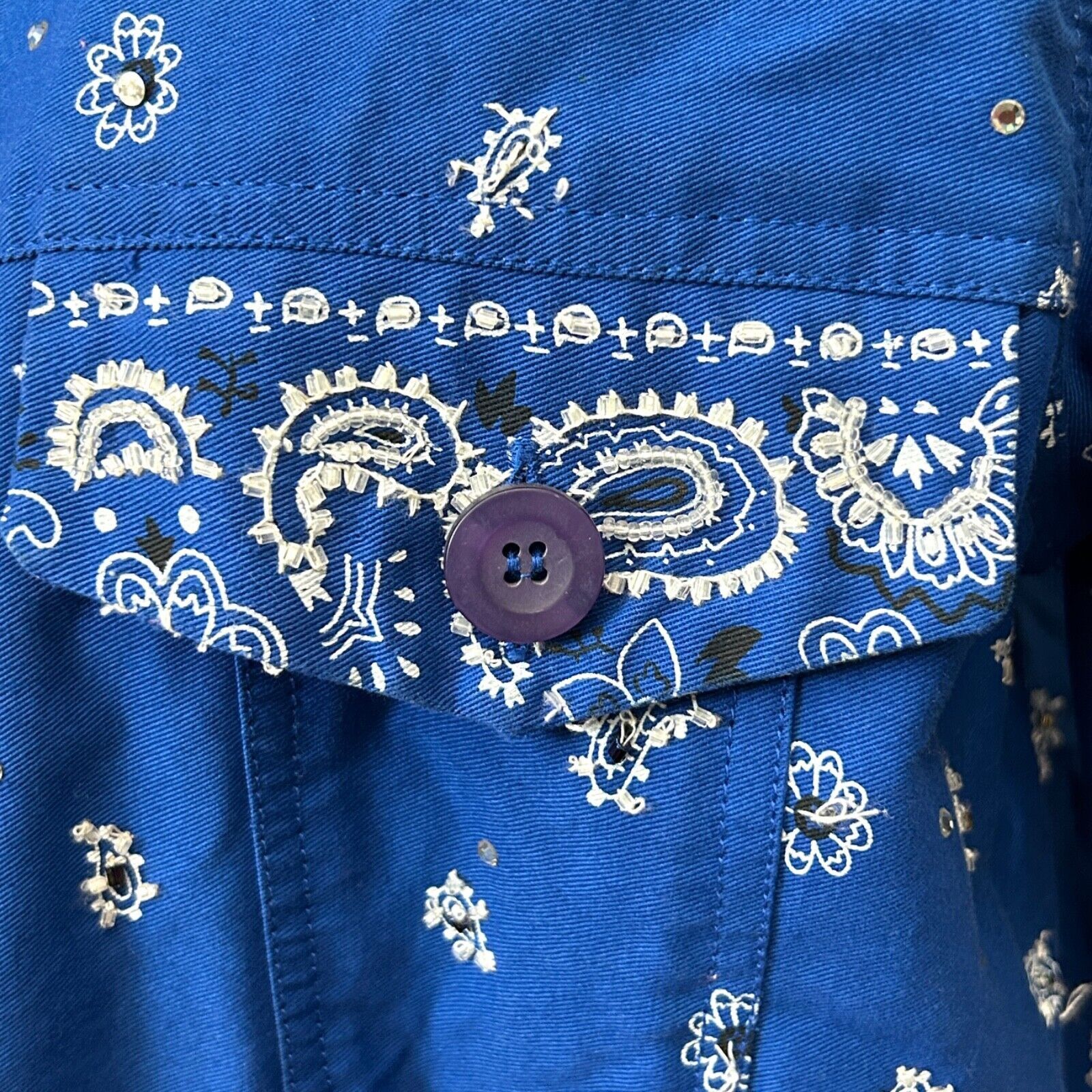Vintage 90s Cotton Factory Blue Bandana Print Beaded Jacket Shirt Size XS / US 0-2 / IT 36-38 - 4 Thumbnail