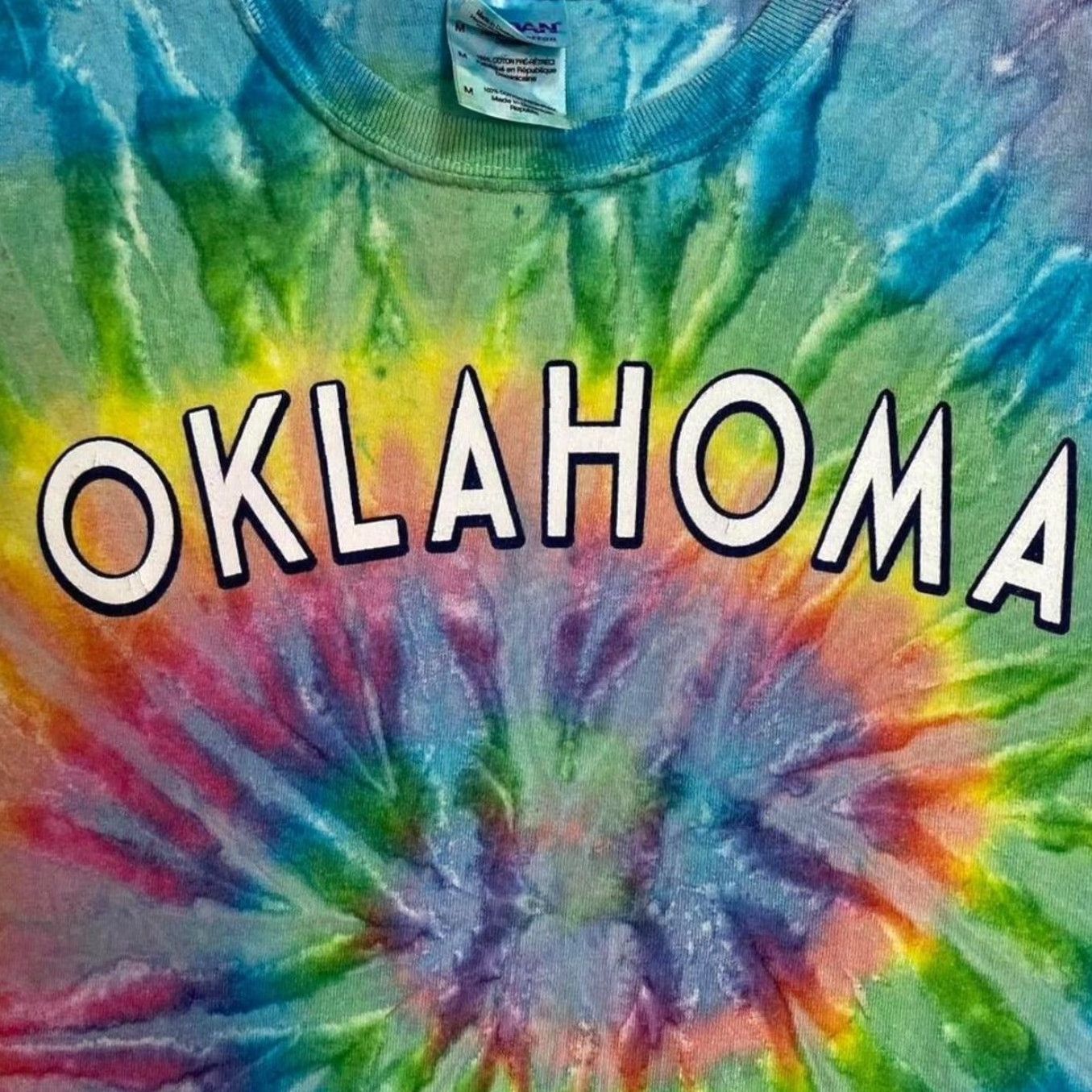 Gildan Oklahoma Souvenir Spellout Graphic Spiral Rainbow Tie Dye T-Shirt M Size US M / EU 48-50 / 2 - 2 Thumbnail