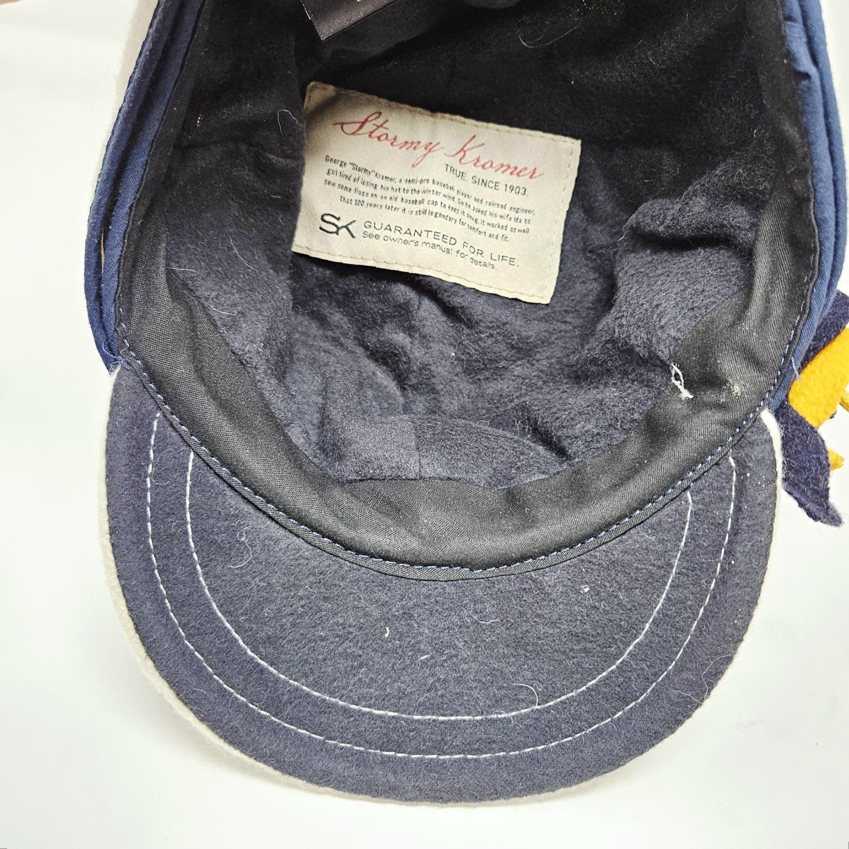 Vintage Stormy Kromer Hat Cap Fitted Womens 7 White Navy Flower Trapper USA Wool Winter Size ONE SIZE - 6 Thumbnail