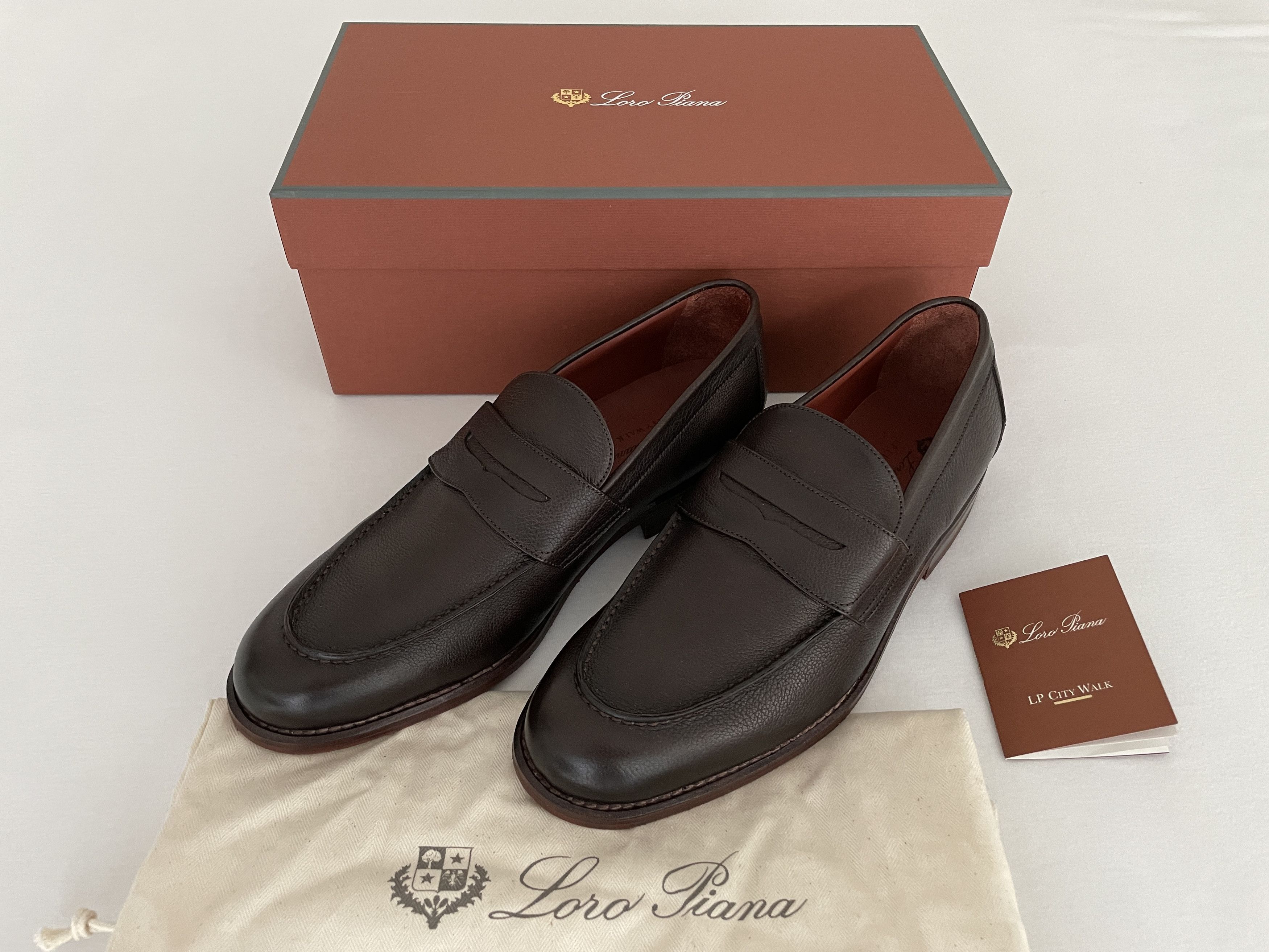 image of Loro Piana City Walk English Grain Leather Loafers in Very Dark Brown, Men's (Size 9)