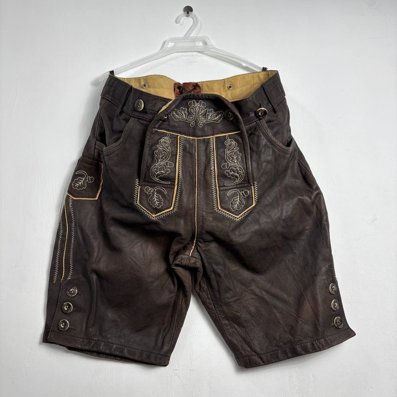Cowboy Equipment Lederhosen German Brown Leather Retro Shorts sz 52 (36) Size US 36 / EU 52 - 2 Thumbnail