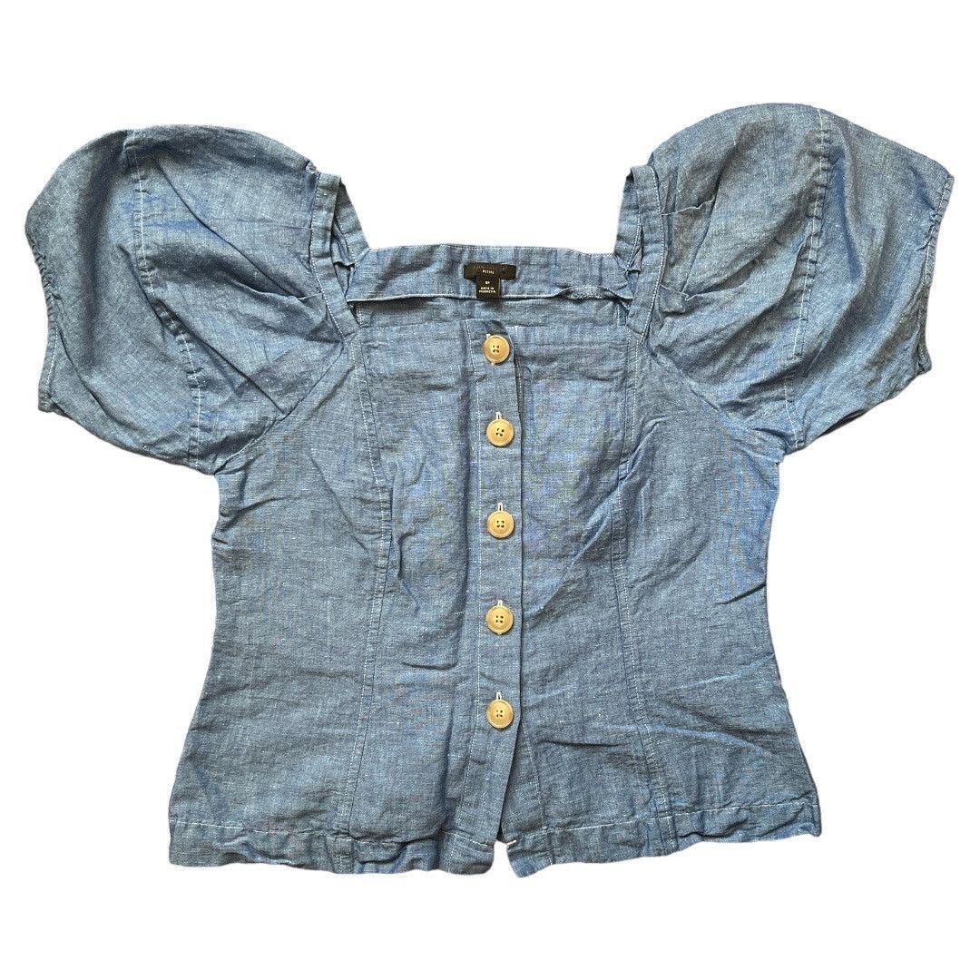 Ann Taylor ANNE TAYLOR Petite Blue Chambray Puff Sleeve Top, SP Size S / US 4 / IT 40 - 2 Thumbnail