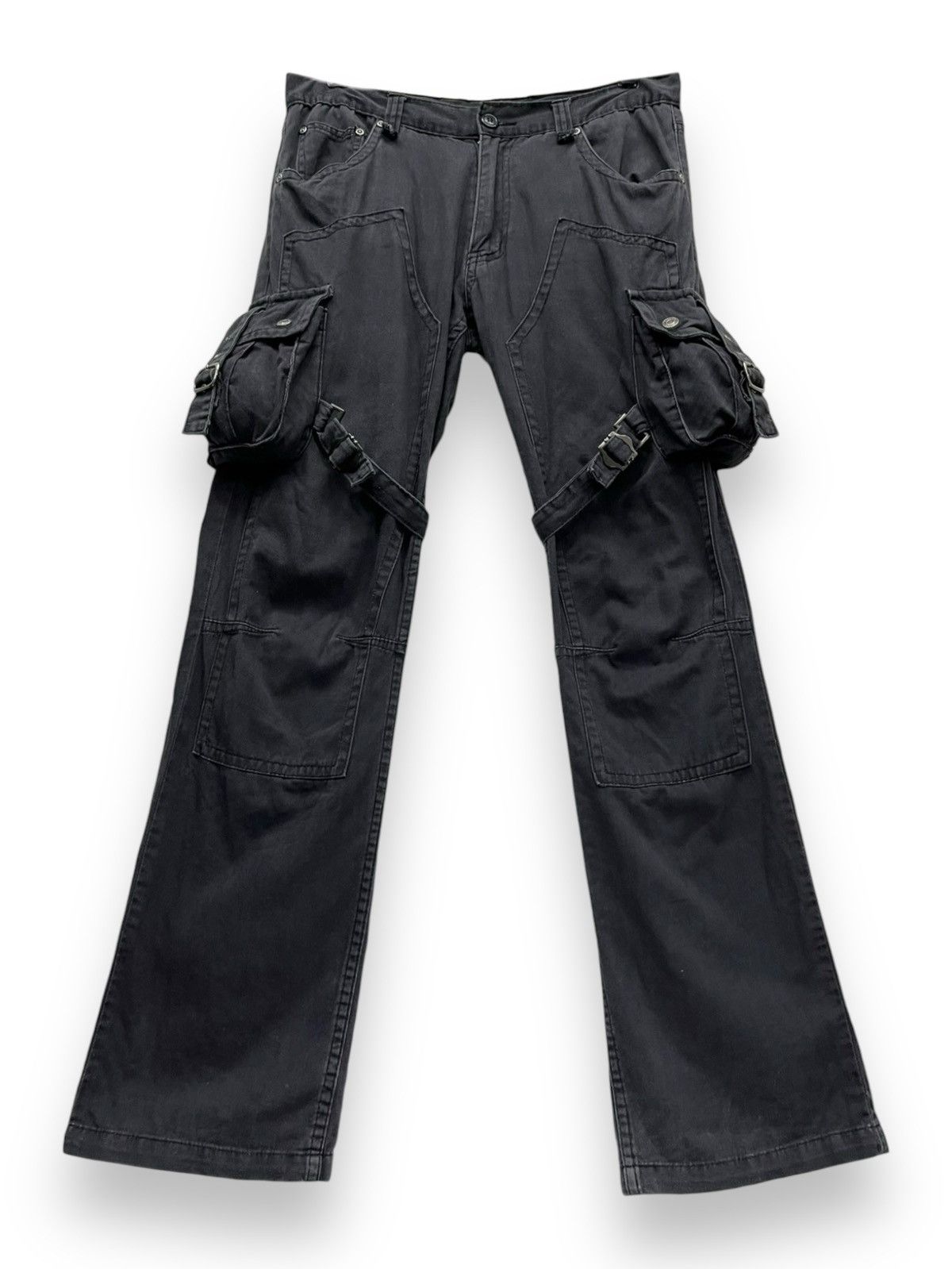 Japanese Brand 🔥BIKE STAR Punk Bondage Cargo Double Knee Faded Black Flare Size US 32 / EU 48 - 1 Thumbnail