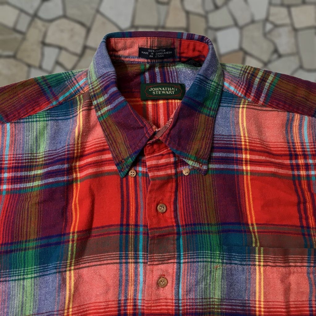 Vintage VINTAGE jonathan stewart Dress plaid Board Shirt Loop Collar Flap XL lt red cotton Men Button-Up Plaid Pattern Long Sleeve 60s Vintage Theme Mens Size 46R - 1 Thumbnail