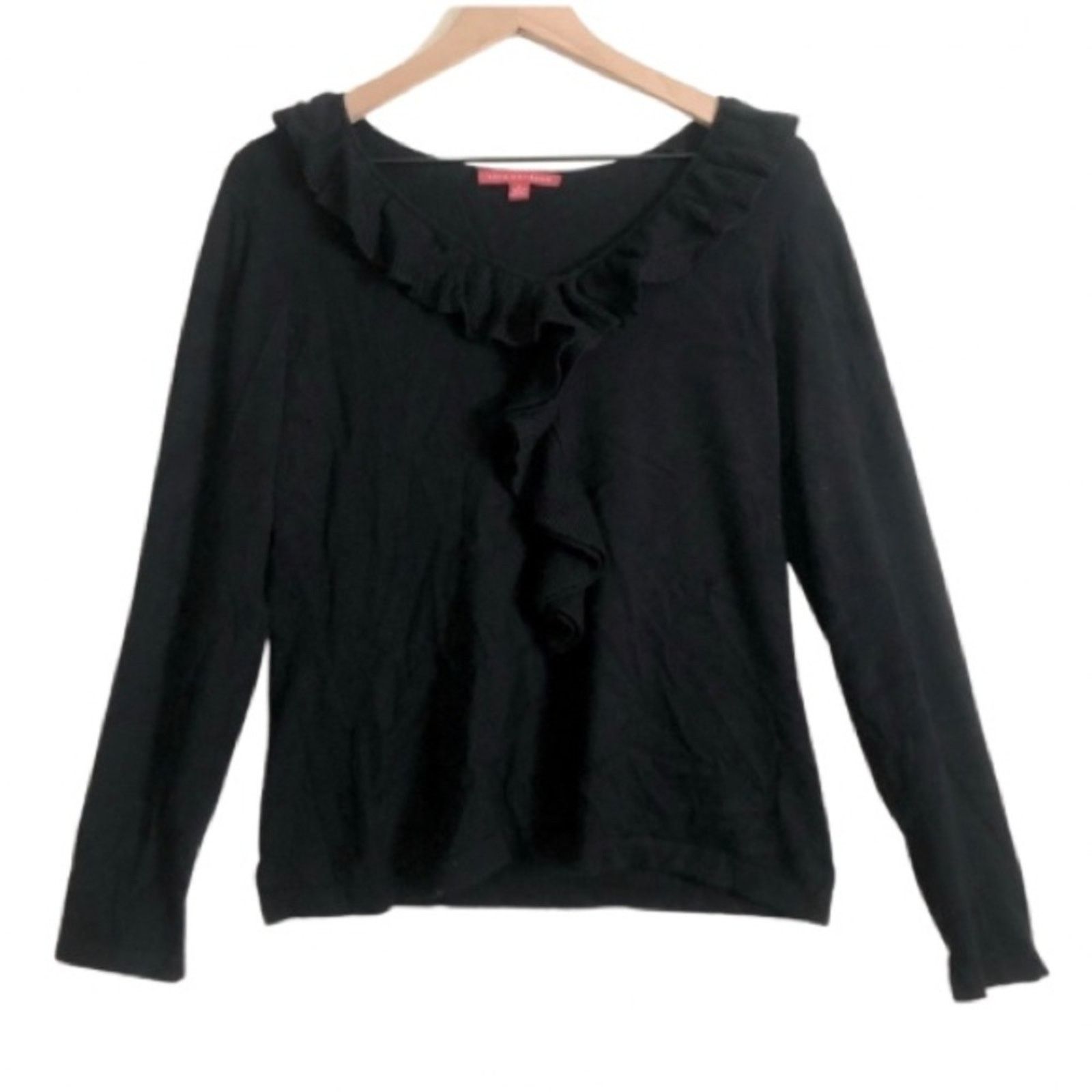 Other Debbie Morgan Black Long Sleeve V-Neck Ruffle Knit Sweater Size M / US 6-8 / IT 42-44 - 1 Thumbnail