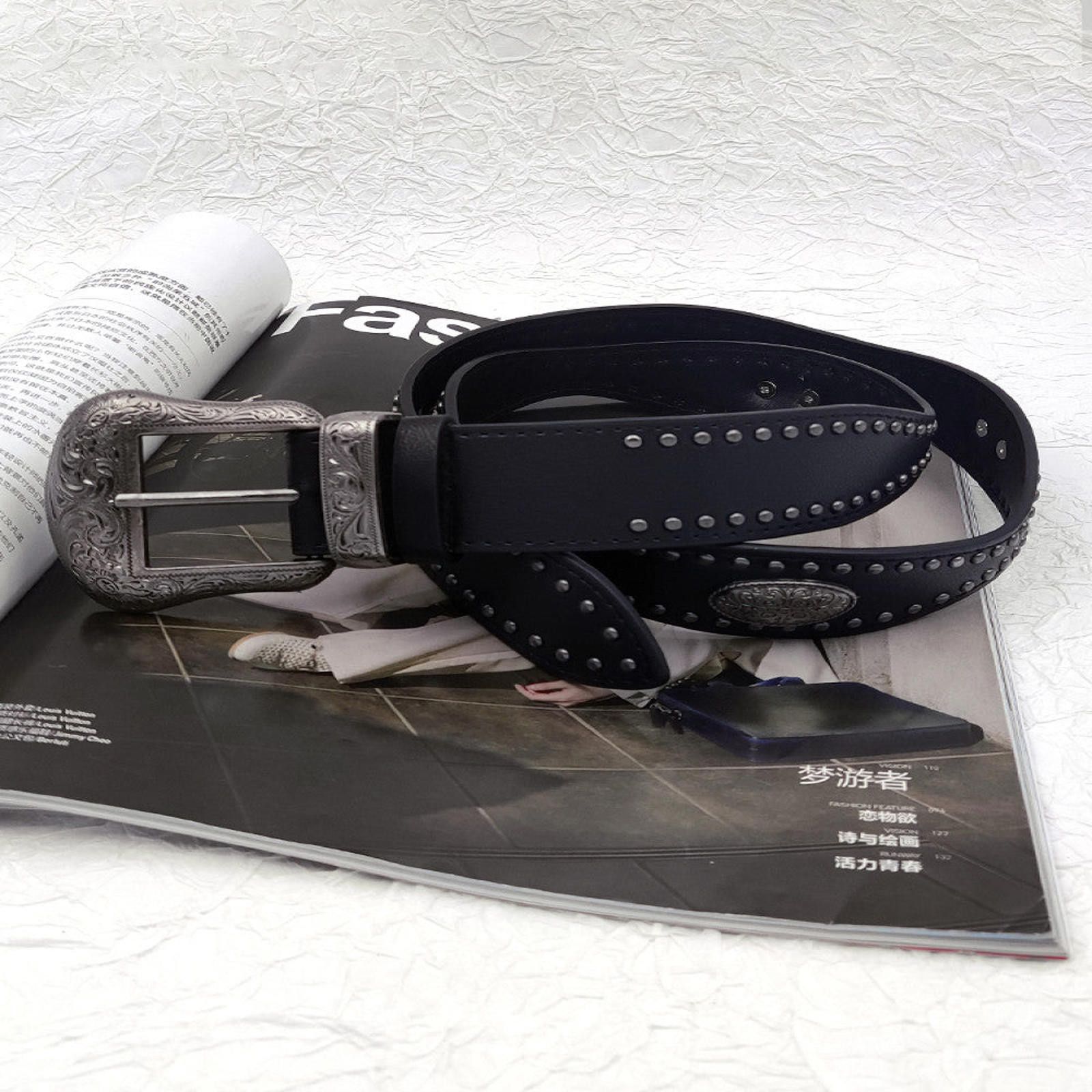 Leather Black Western Belt with Engraved Buckle Size ONE SIZE - 5 Thumbnail
