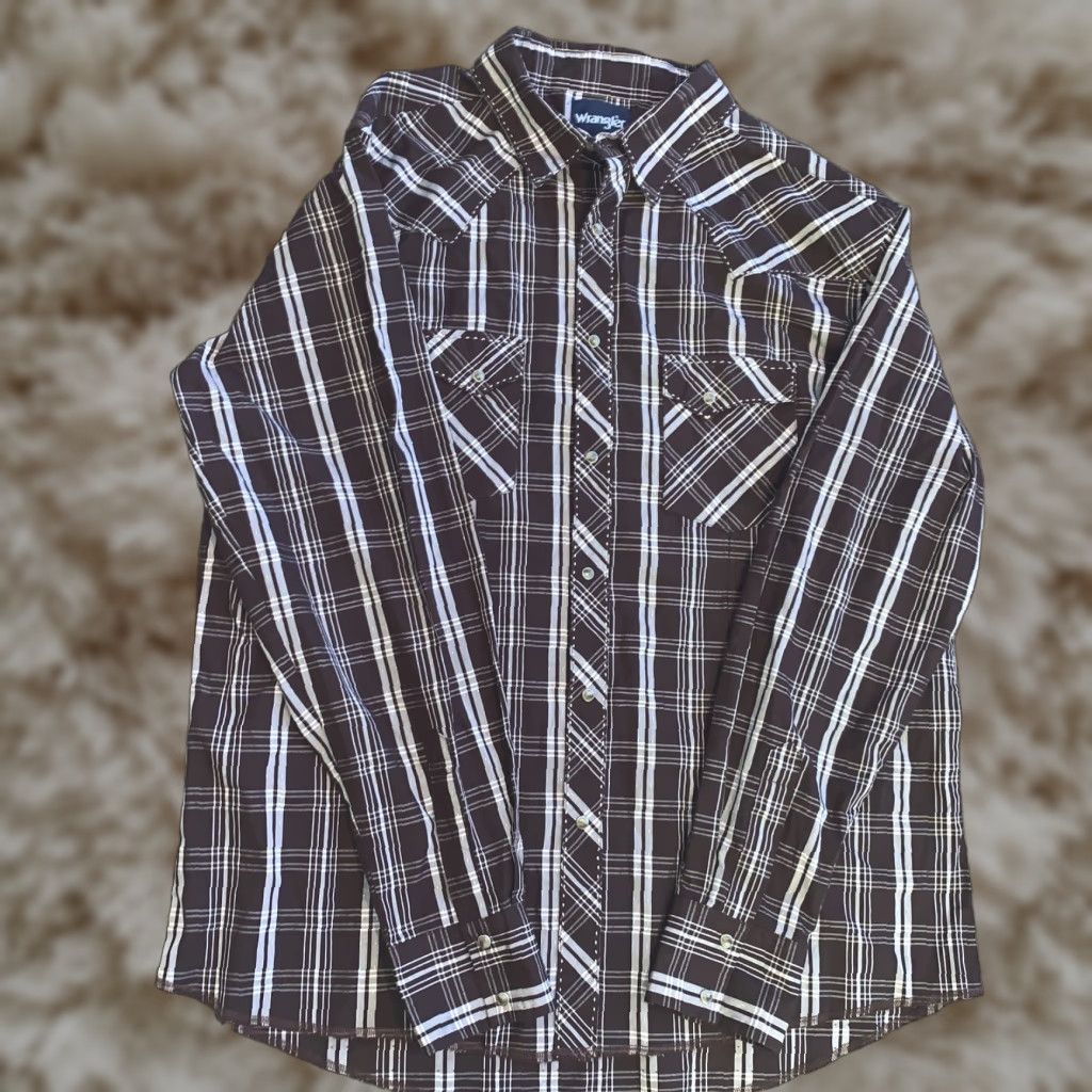 VINTAGE Wrangler Western Shirt Men 2XL Brown Plaid Short Sleeve Pearl Snap Western Wear Cowboys Wrancher Mens