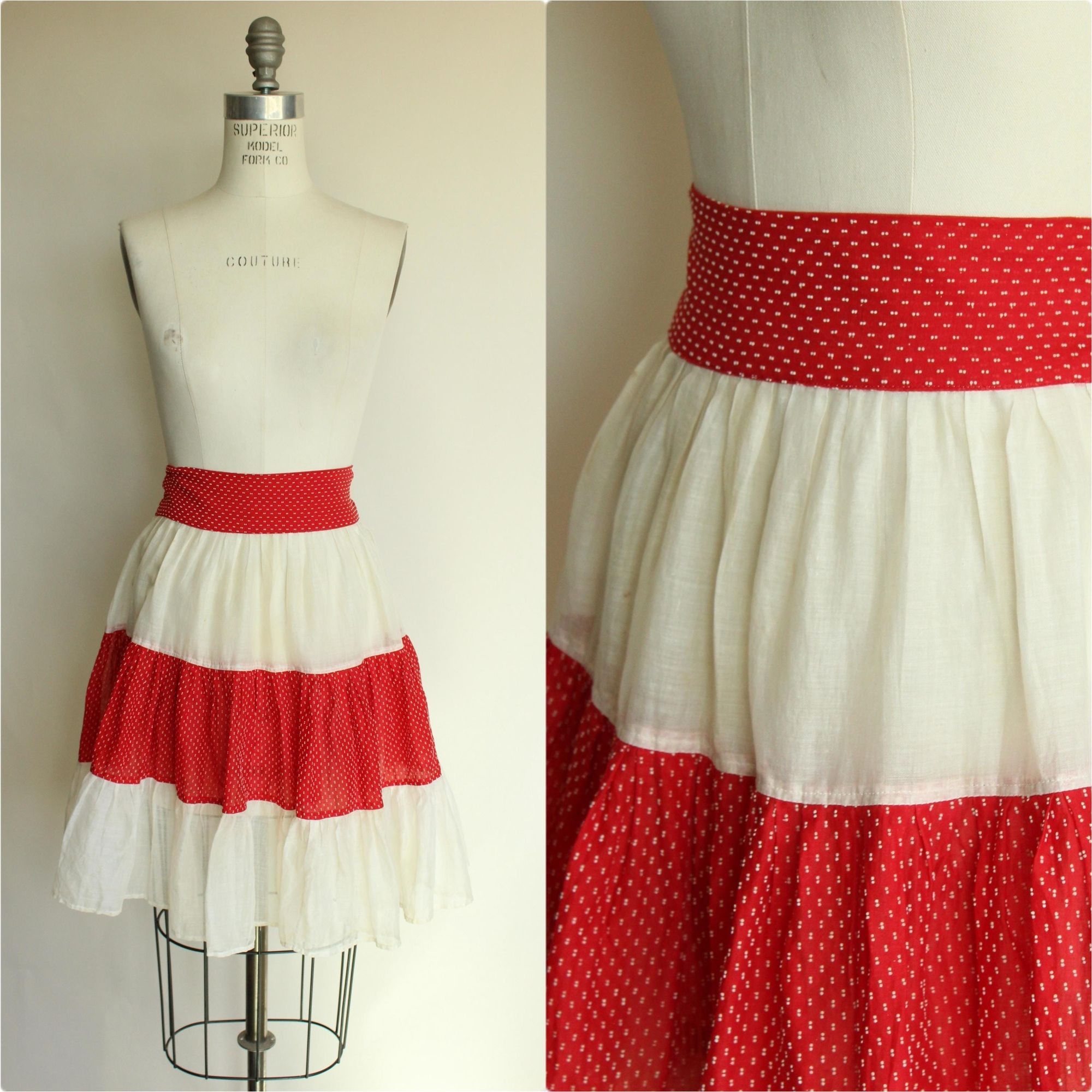 Vintage Vintage 1950s Half Apron, White Cotton Organdy with Red and Size ONE SIZE - 1 Thumbnail