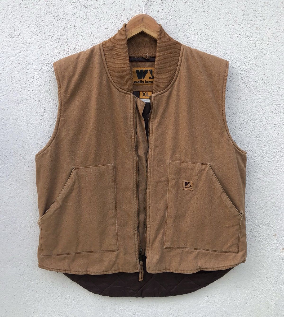 Japanese Brand Wells Lamont Mens Brown Canvas Vest Quilted Lined Full Zip Size US XL / EU 56 / 4 - 8 Thumbnail